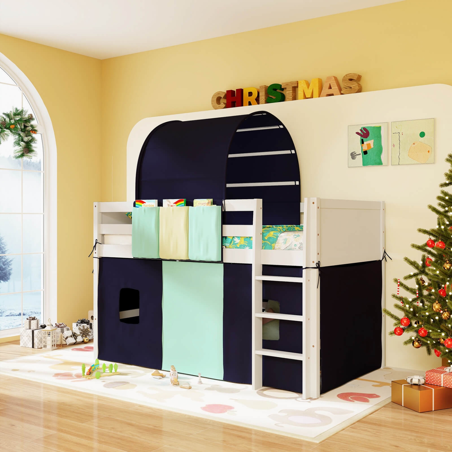 Costway Twin Loft Bed with Tower & Tent 3 Storage Pockets Safety Guardrail and Ladder