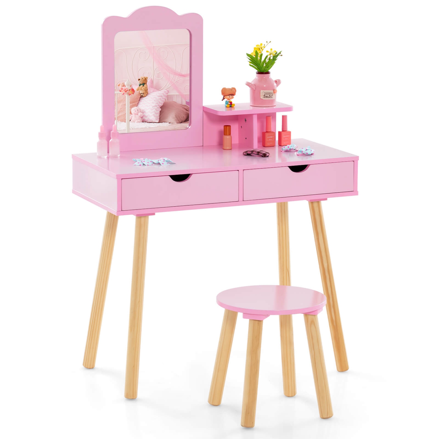 Costway Kid Vanity Table Chair Set with Mirror Large Storage Drawers Wooden Legs