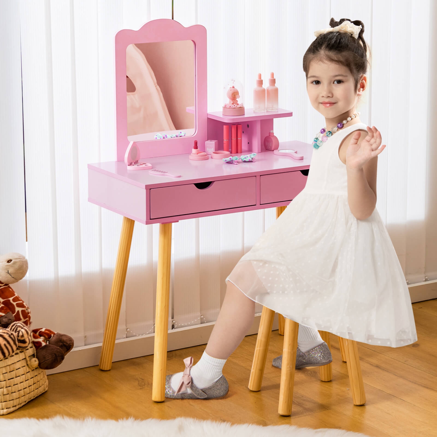 Costway Kid Vanity Table Chair Set with Mirror Large Storage Drawers Wooden Legs