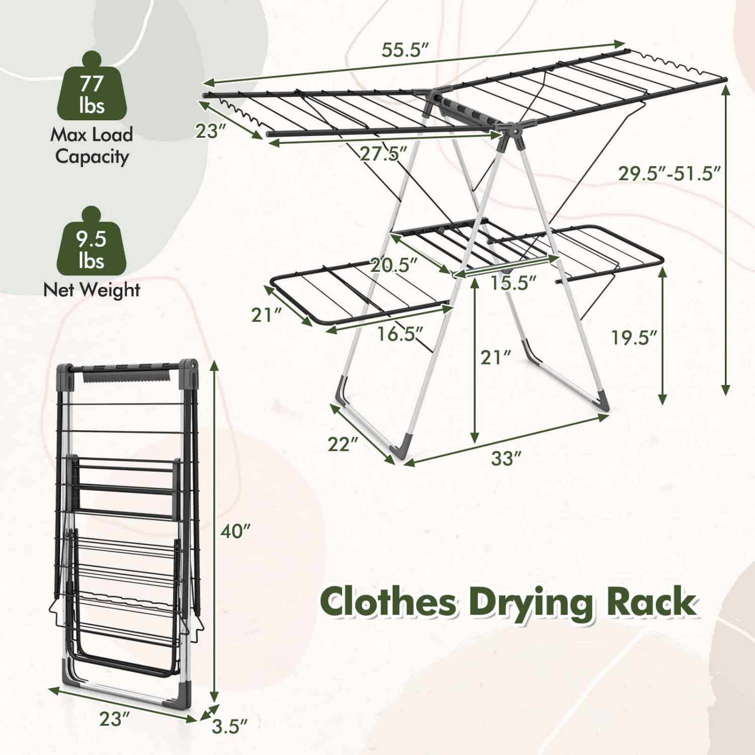 Costway 2-Tier Clothes Drying Rack with 33 Drying Rails Height Adjustable Gullwings