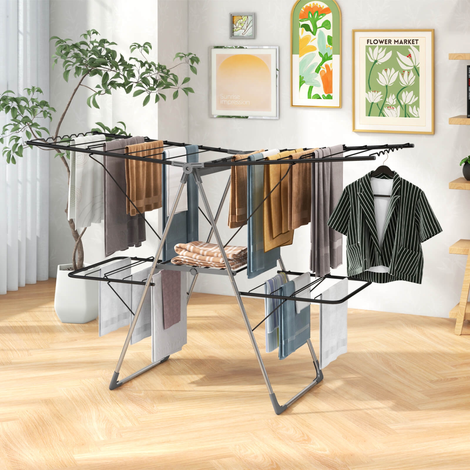 Costway 2-Tier Clothes Drying Rack with 33 Drying Rails Height Adjustable Gullwings