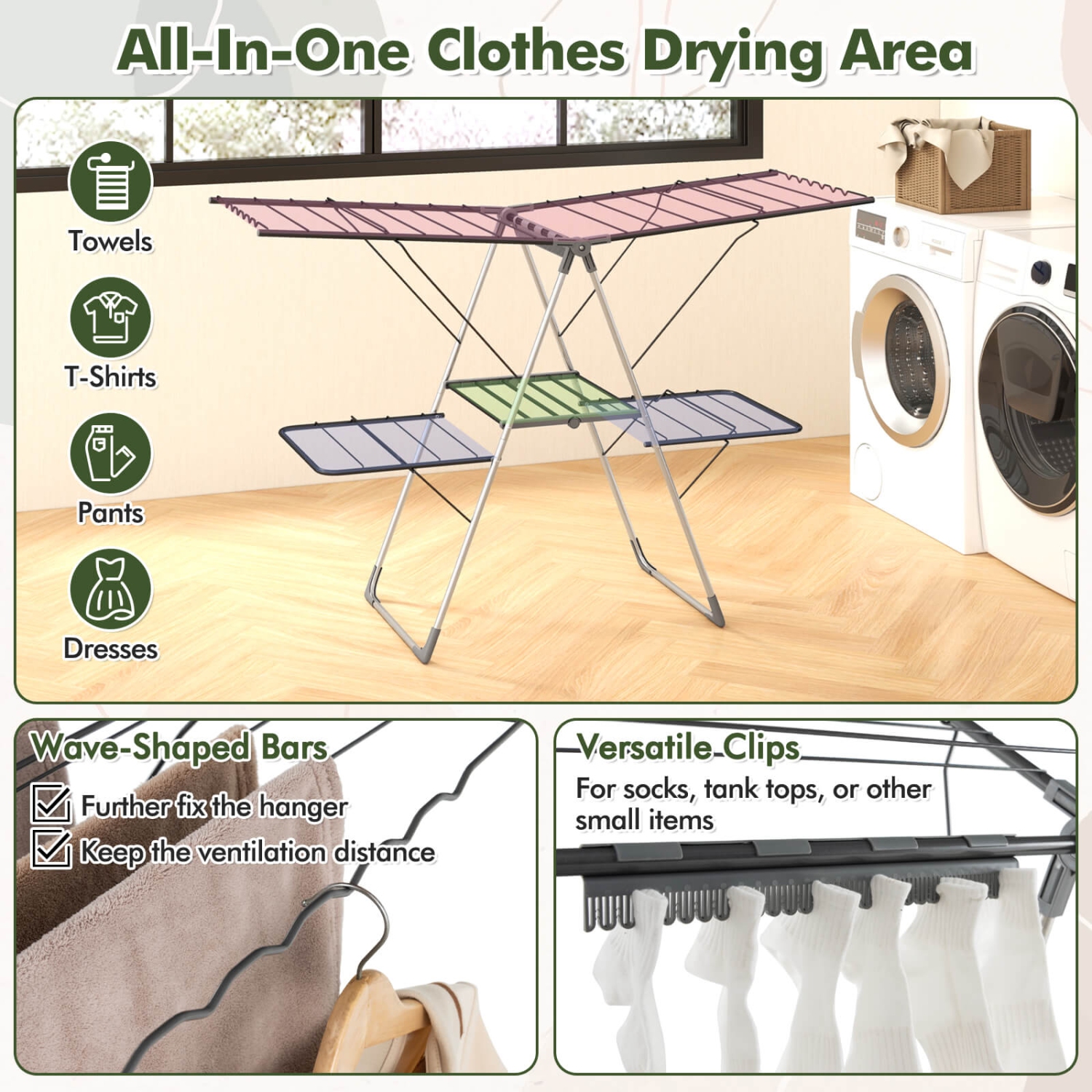 Costway 2-Tier Clothes Drying Rack with 33 Drying Rails Height Adjustable Gullwings