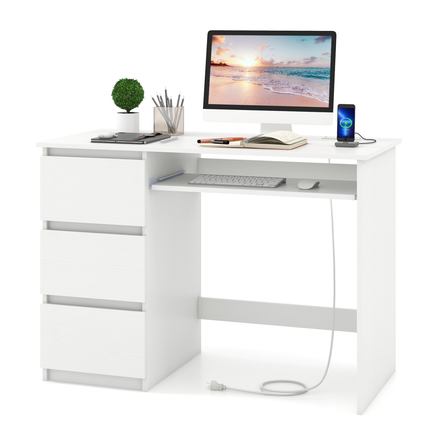 Costway Computer Desk with Power Outlet Keyboard Tray & 3 Large Drawers Type-C & USB Ports