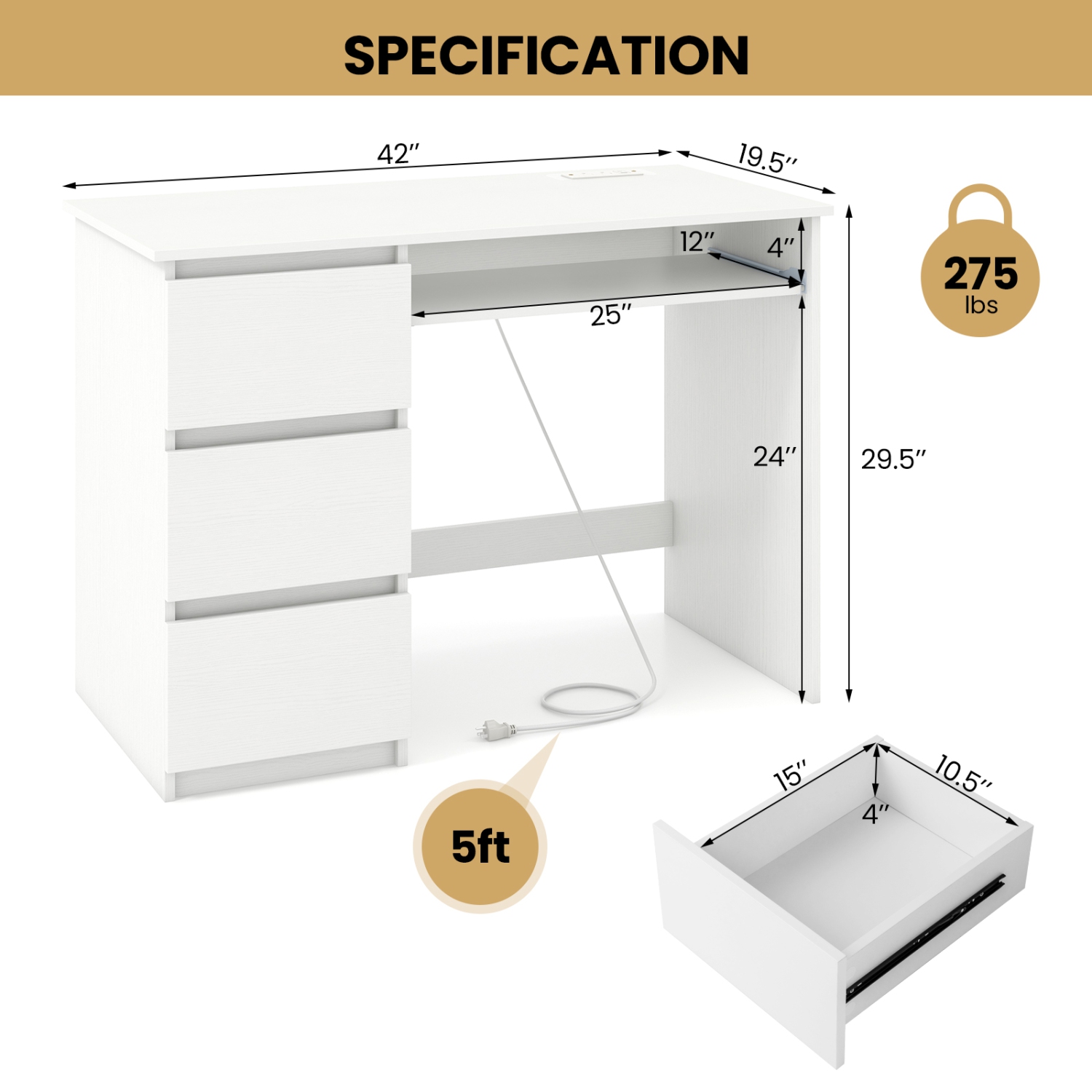 Costway Computer Desk with Power Outlet Keyboard Tray & 3 Large Drawers Type-C & USB Ports