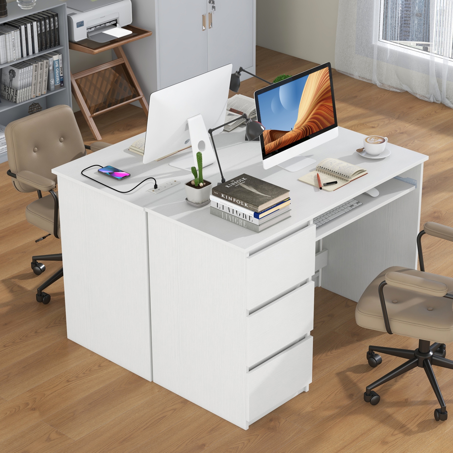 Costway Computer Desk with Power Outlet Keyboard Tray & 3 Large Drawers Type-C & USB Ports