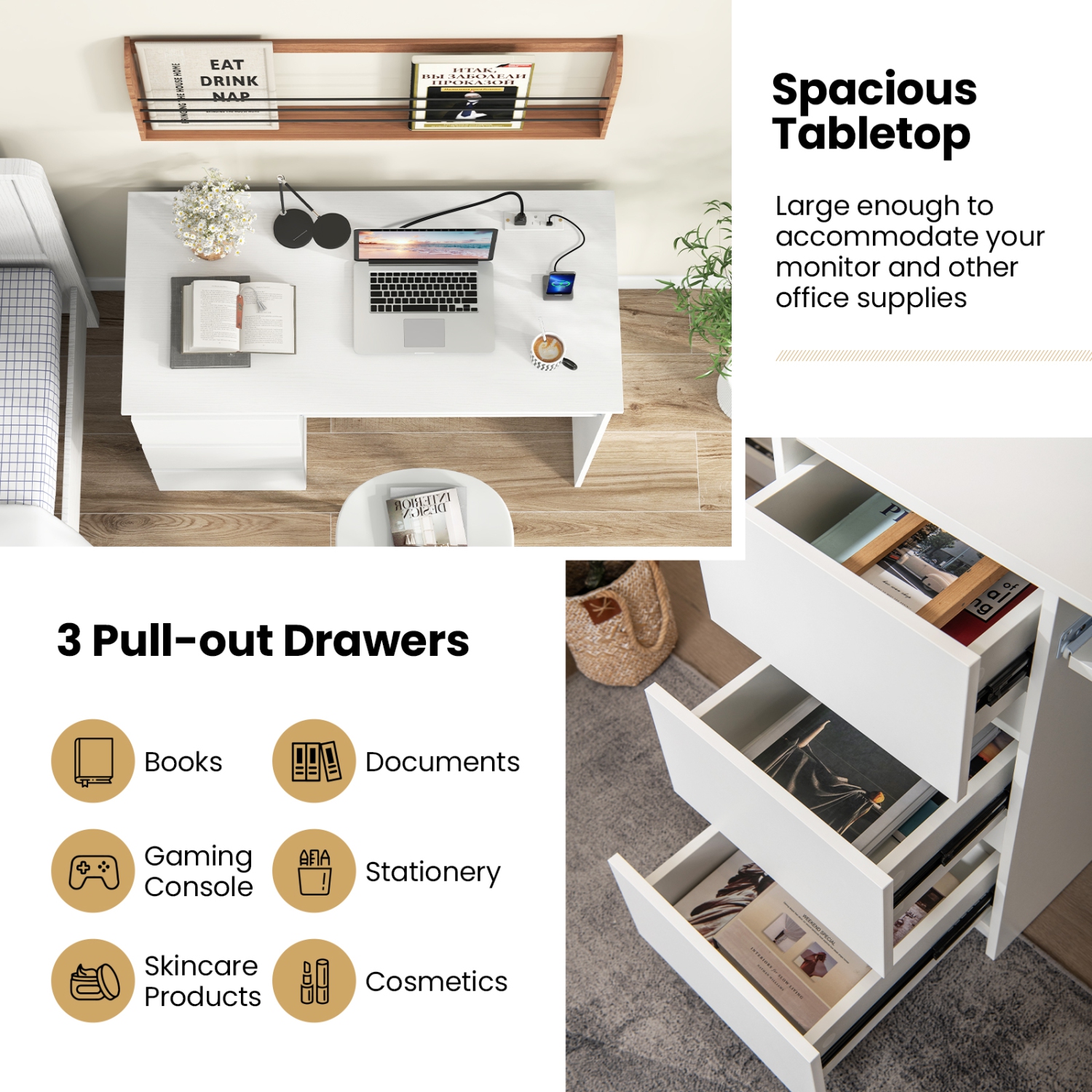 Costway Computer Desk with Power Outlet Keyboard Tray & 3 Large Drawers Type-C & USB Ports