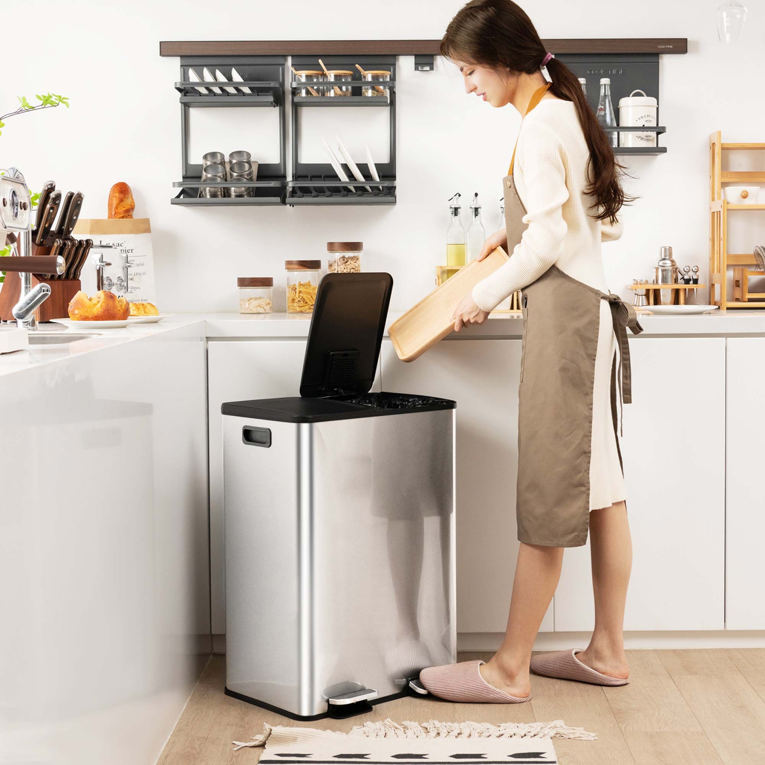 Pédale de poubelle à pédale double de 16 gallons en acier inoxydable de Costway