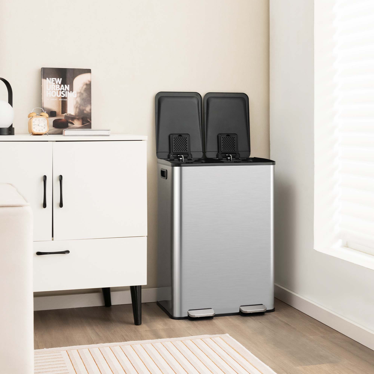 Pédale de poubelle à pédale double de 16 gallons en acier inoxydable de Costway