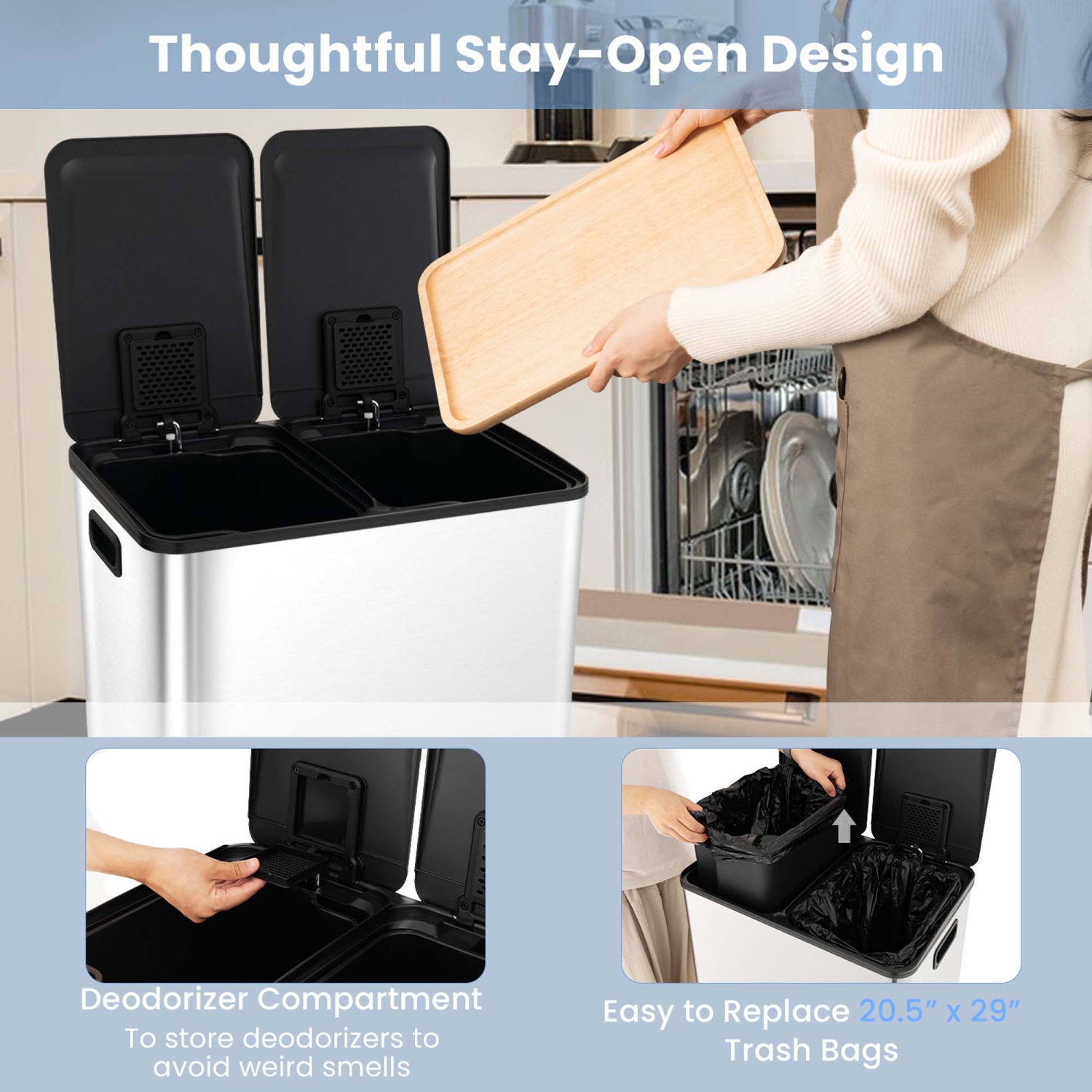 Pédale de poubelle à pédale double de 16 gallons en acier inoxydable de Costway