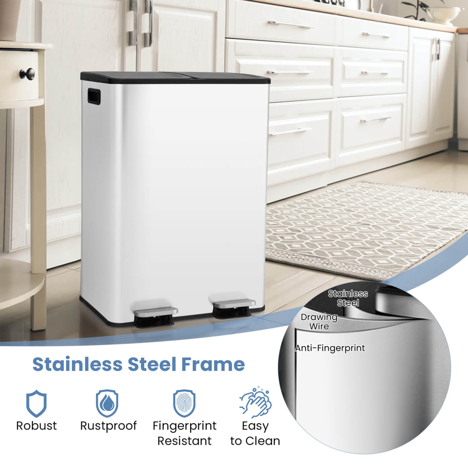 Costway 16 Gallon Dual Step Trash Can Recycle Bin Stainless Steel Bucket Pedal