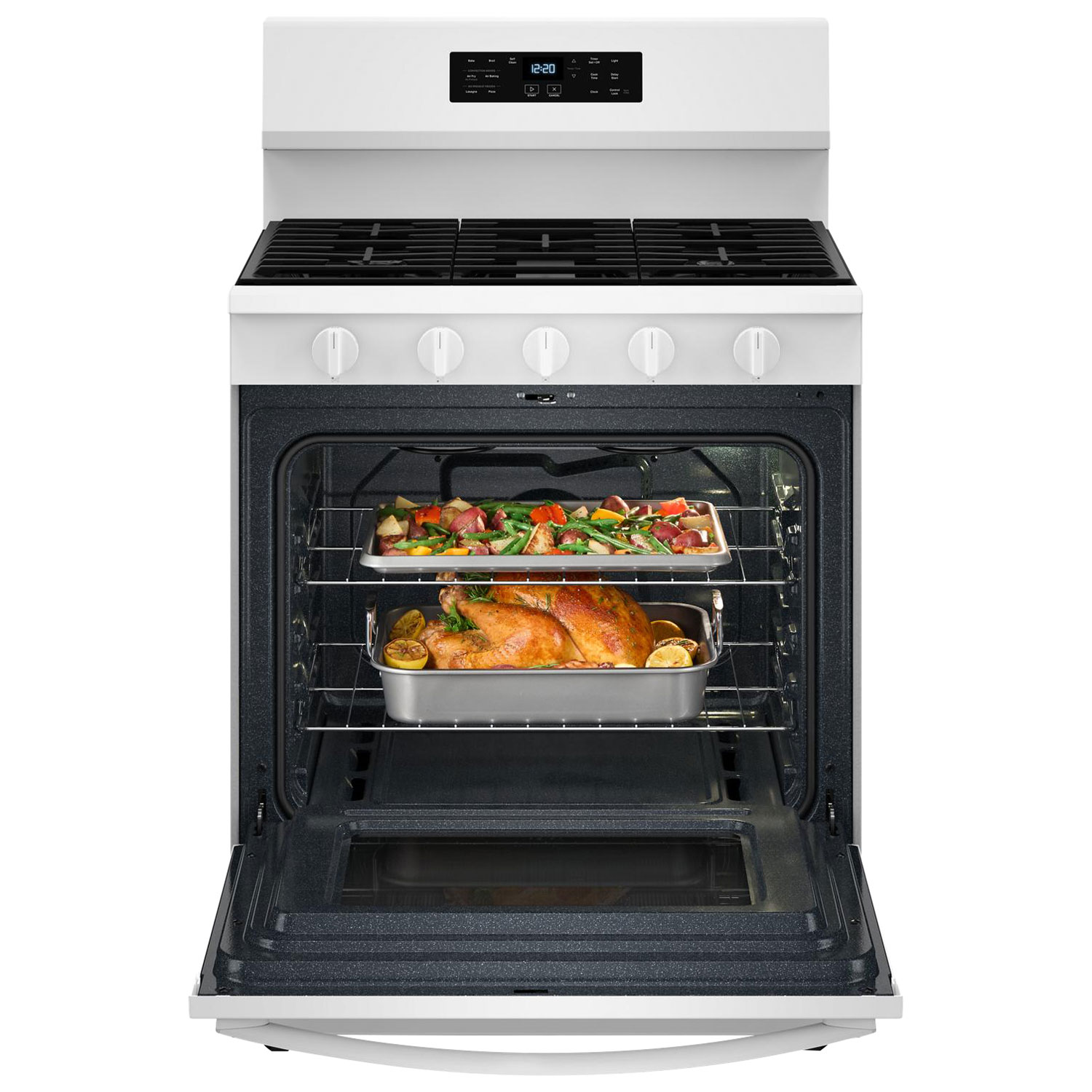 Cuisinière gaz autonome 30 po, four 5 pi³ à ventilateur de convection, 5 brûleurs, friture à air chaud de Whirlpool-Blanc