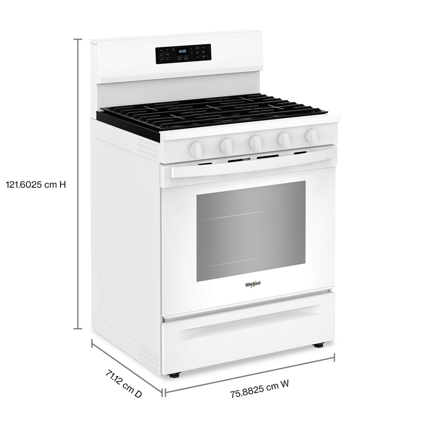 Cuisinière gaz autonome 30 po, four 5 pi³ à ventilateur de convection, 5 brûleurs, friture à air chaud de Whirlpool-Blanc