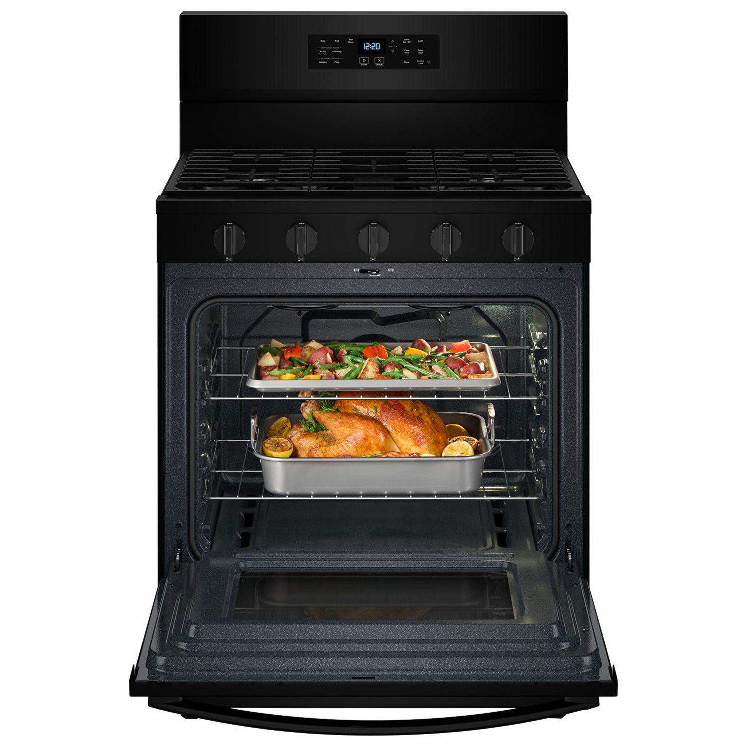 Cuisinière au gaz autonome 30 po avec 5 brûleurs, ventilateur à convection, friture à air chaud et four de 5 pi³ de Whirlpool - Noir