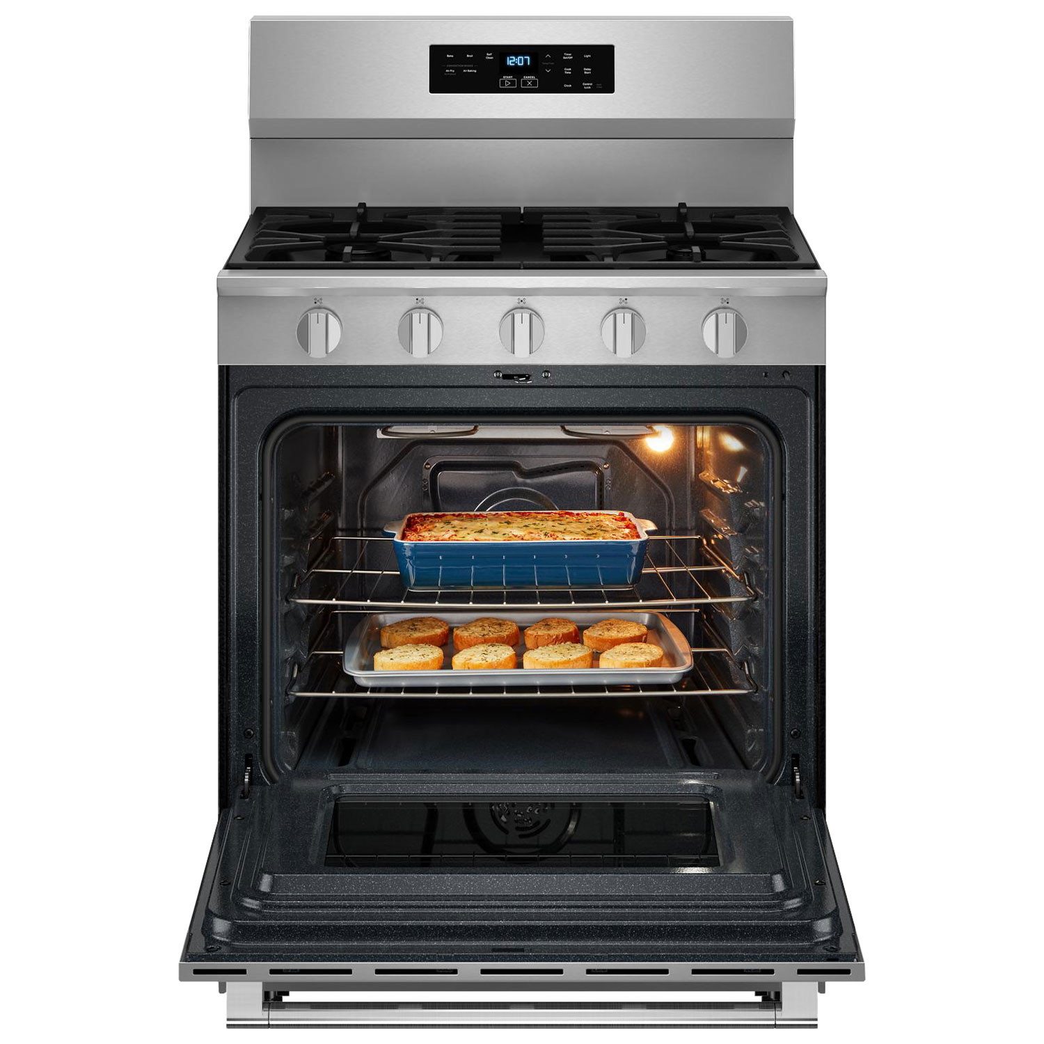 Cuisinière au gaz autonome 30 po avec 5 brûleurs, friture air four, ventilateur à convection et four de 5 pi³ Maytag - Inox