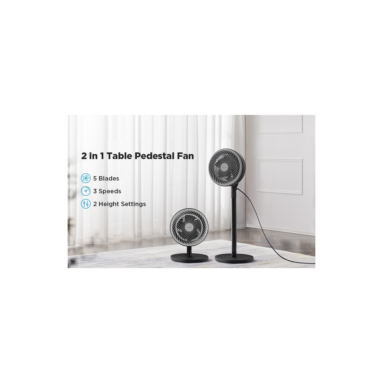 PELONIS Air Circulator Fan | 2 In 1 Table Pedestal Fan | Adjustable Height| 75-Degree Tilt |7-inch airfoil fan blades| 3 Speeds | Low Noise |Solid