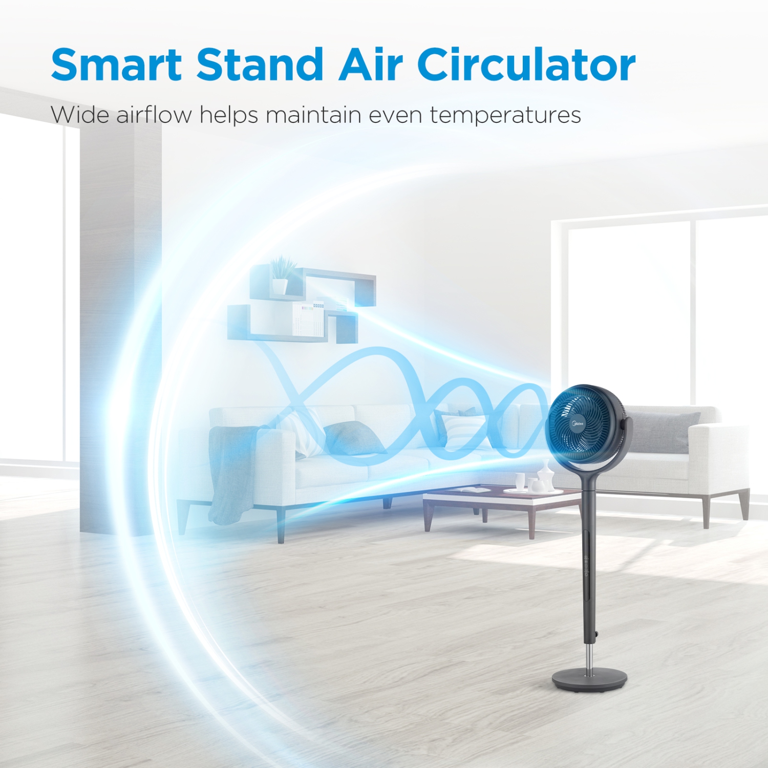 Ventilateur sur pied intelligent à 12 vitesses de 44 po de hauteur avec oscillation de l'application Aroma de Midea; 12 réglages de vitesse de FG18 à