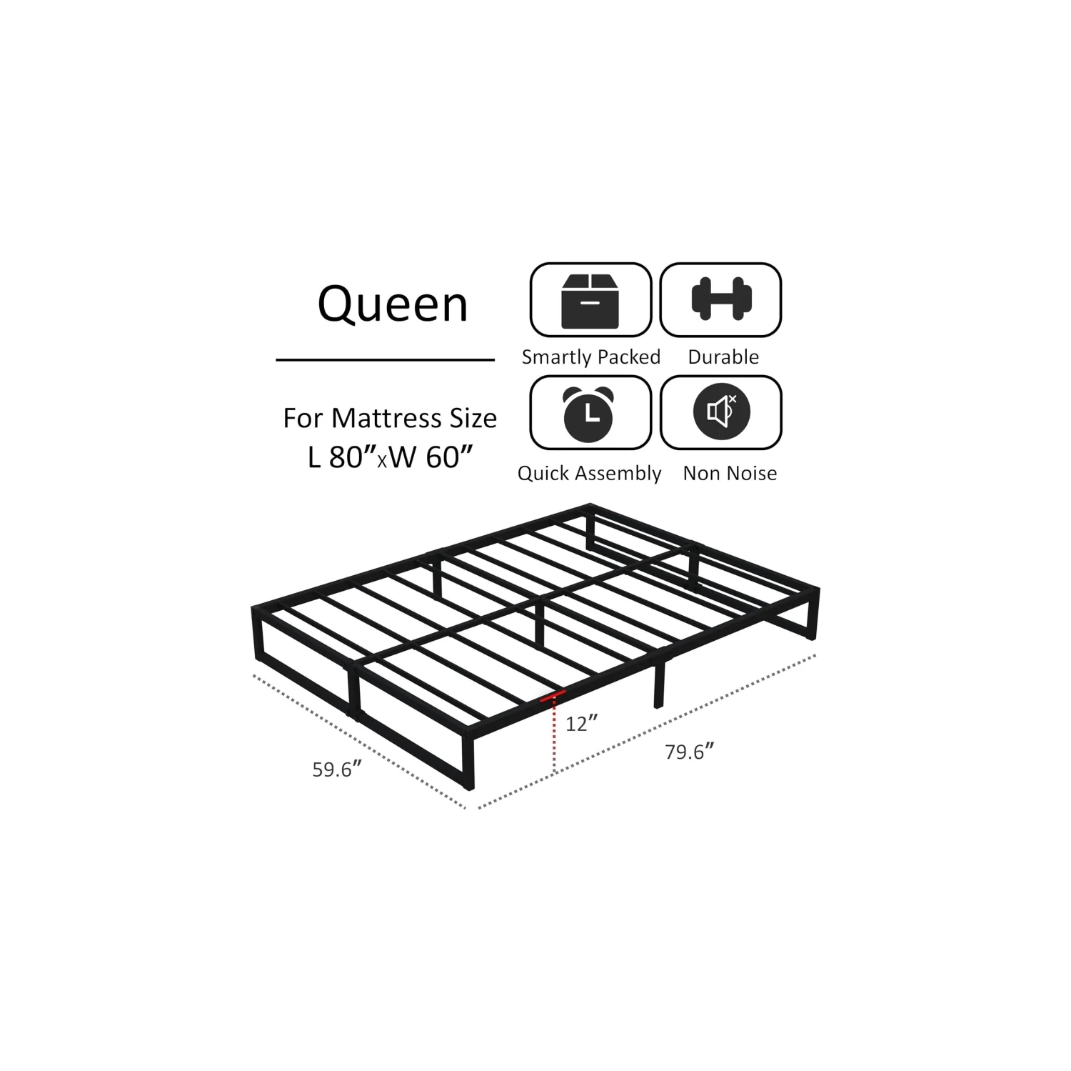 12-Inch Heavy Duty Steel Slat Queen Bed Frame - No Box Spring Needed, Easy Assembly, Black