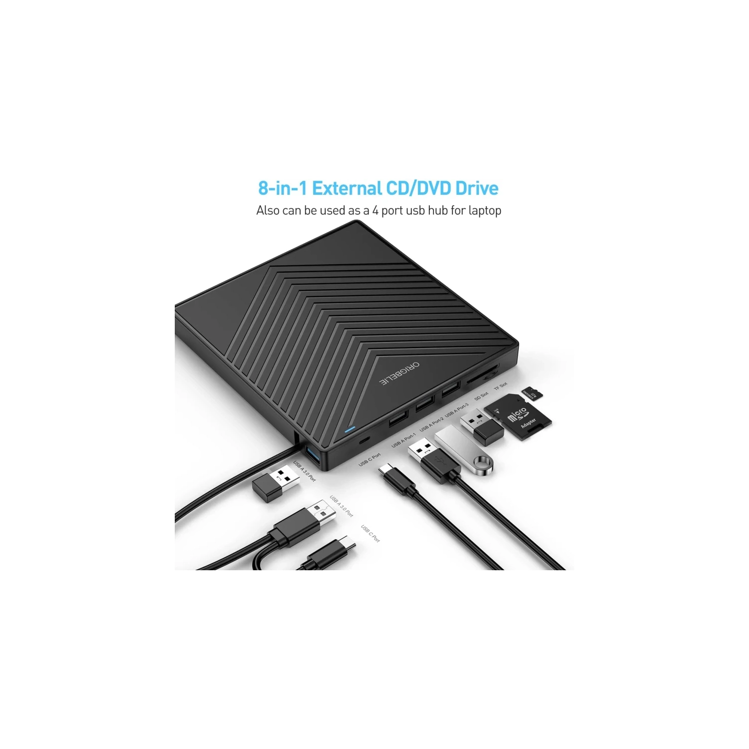 Lecteur de CD externe ultramince avec USB 3,0 - 4 ports USB, 2 fentes pour cartes TF/SD, compatible avec les portables, Mac, PC, Windows, Linux