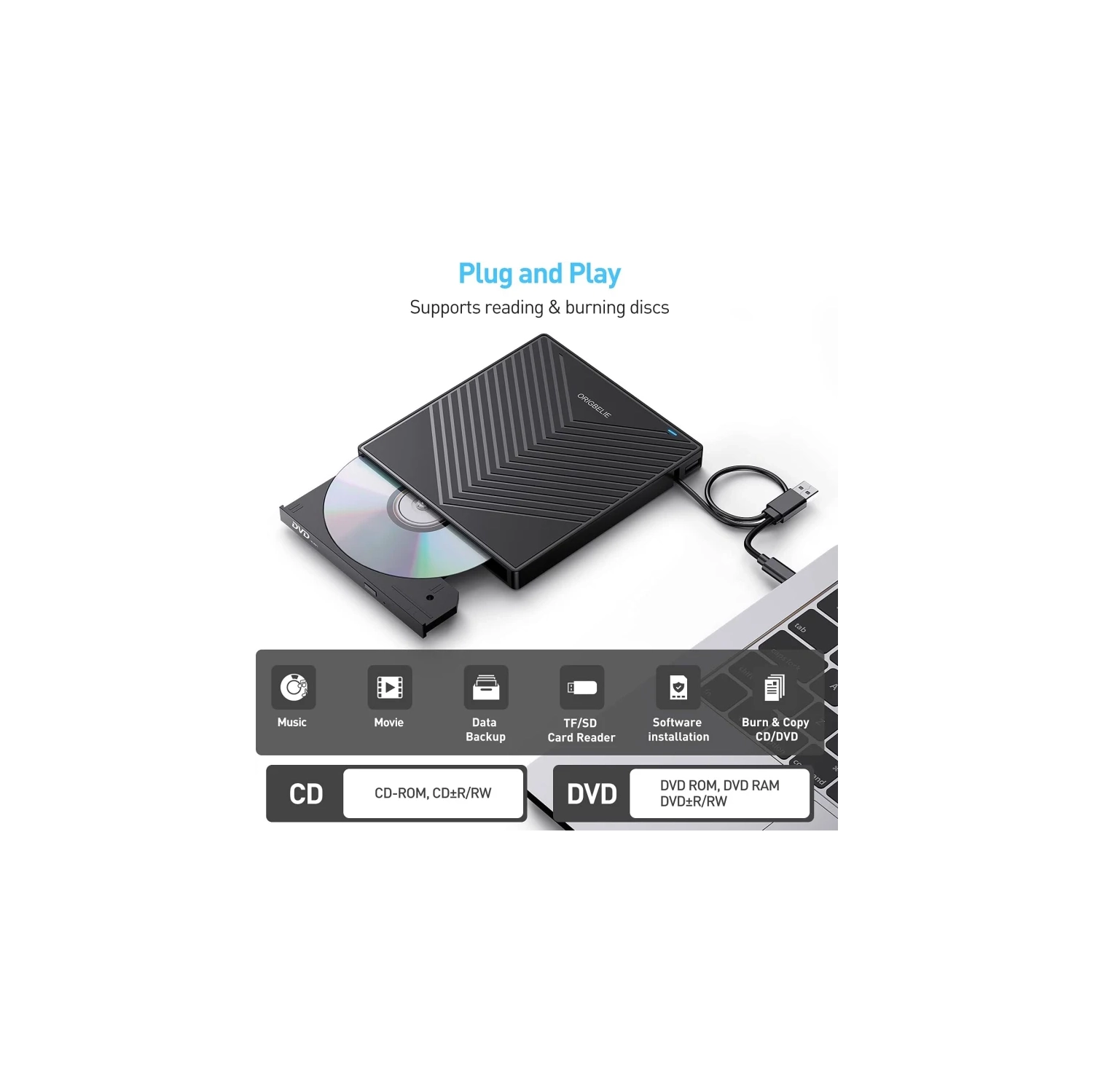 Lecteur de CD externe ultramince avec USB 3,0 - 4 ports USB, 2 fentes pour cartes TF/SD, compatible avec les portables, Mac, PC, Windows, Linux