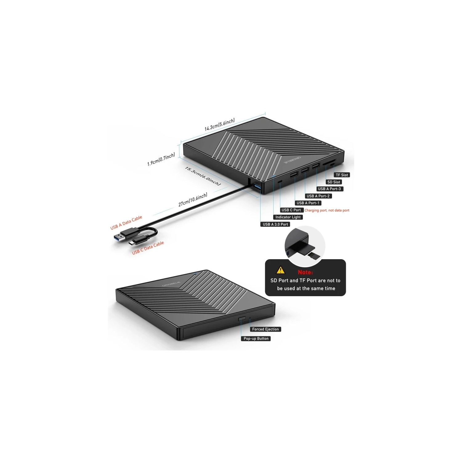 Lecteur de CD externe ultramince avec USB 3,0 - 4 ports USB, 2 fentes pour cartes TF/SD, compatible avec les portables, Mac, PC, Windows, Linux