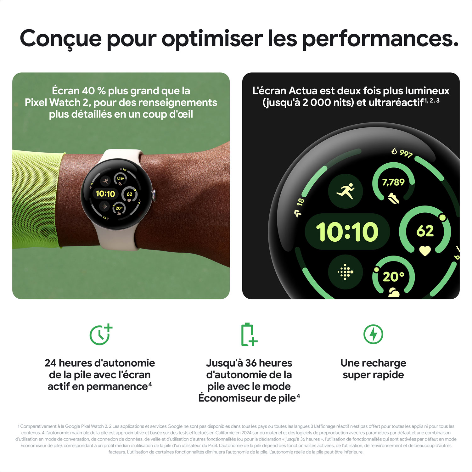 Montre Pixel Watch 3 45 mm de Google avec boîtier en aluminium argenté poli et bracelet de sport porcelaine