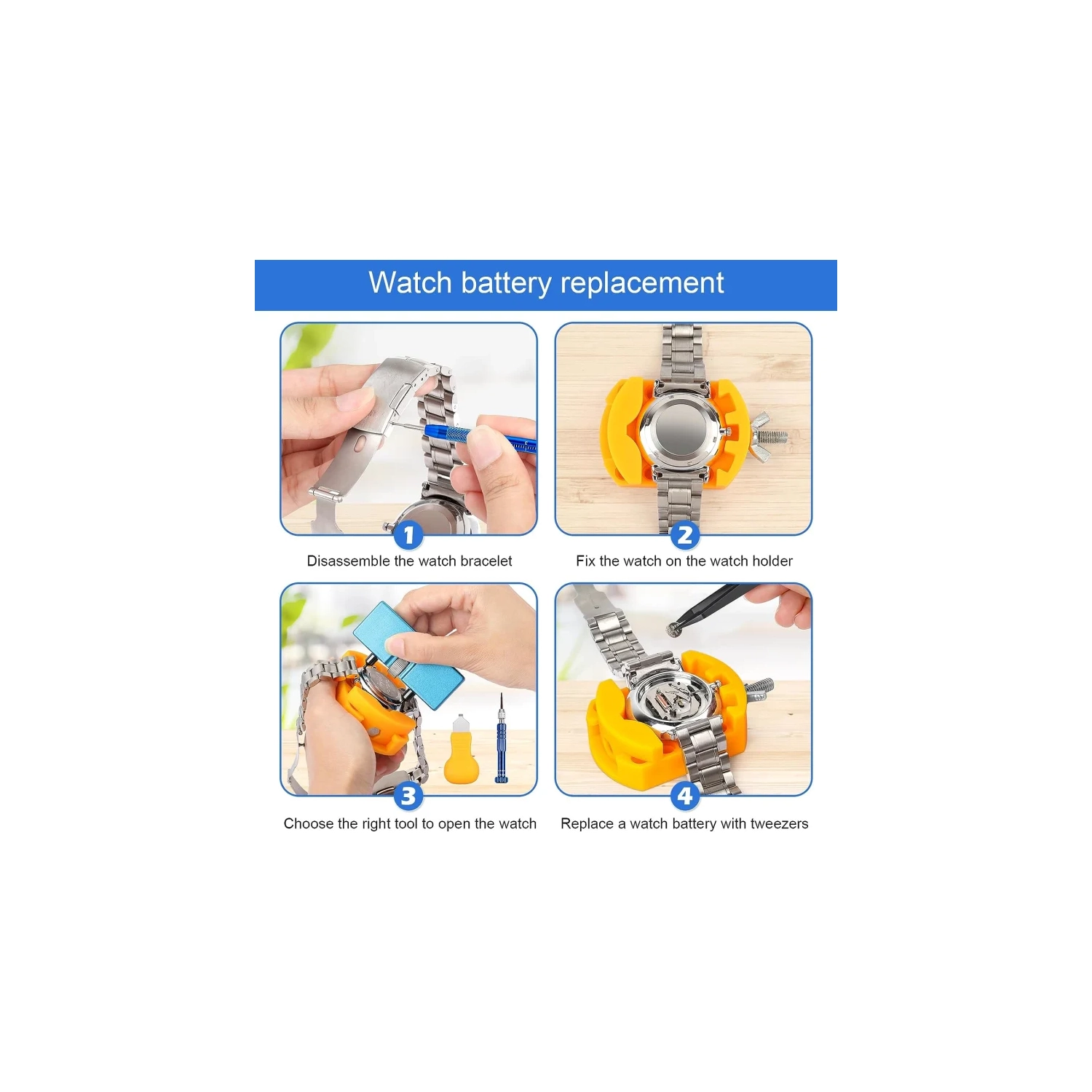 Trousse de réparation de montre – remplacement de la batterie, retrait de la goupille de liaison, réglage de la sangle, ouvre-boîte, outil à barre de