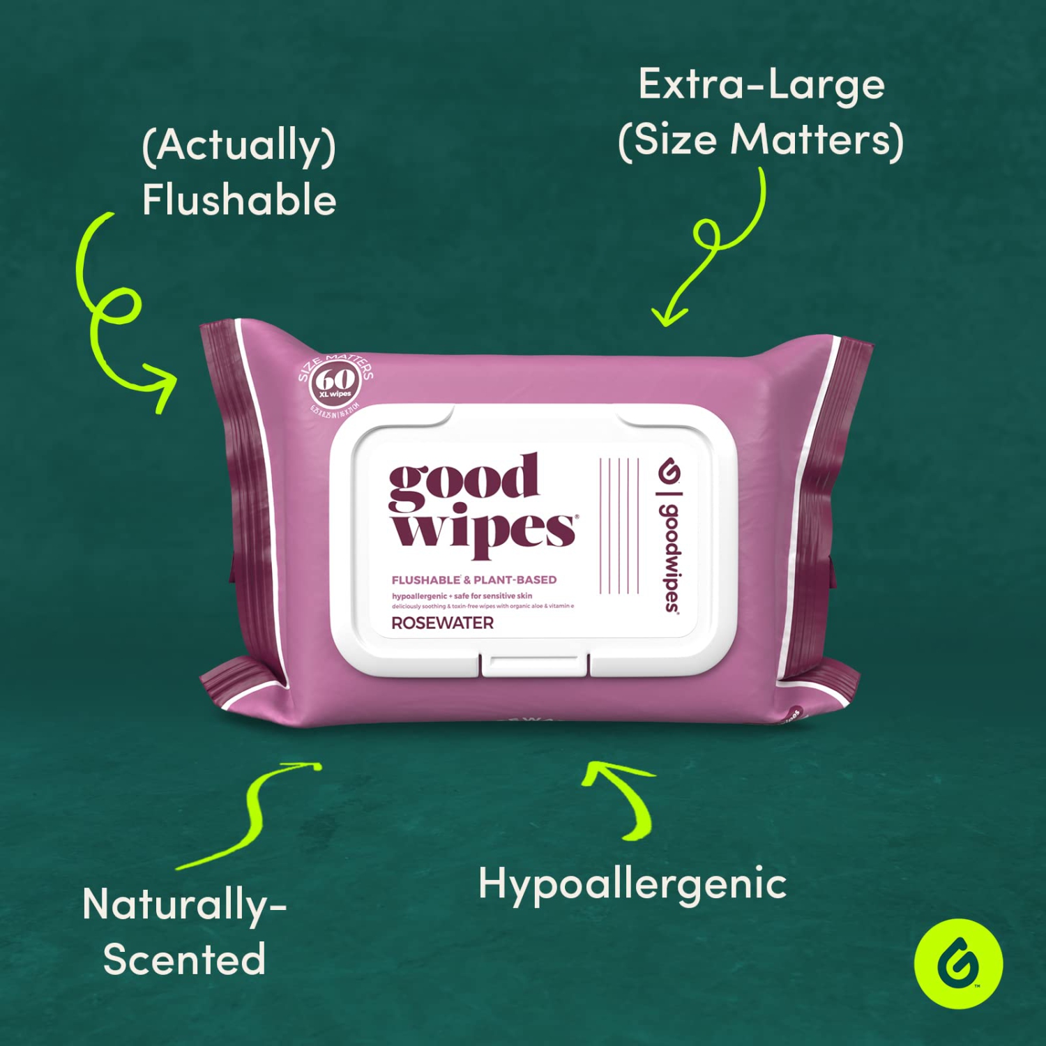 Goodwipes Down There Feminine Flushable Wet Wipes for Women, Rosewater Scent, 60 ct