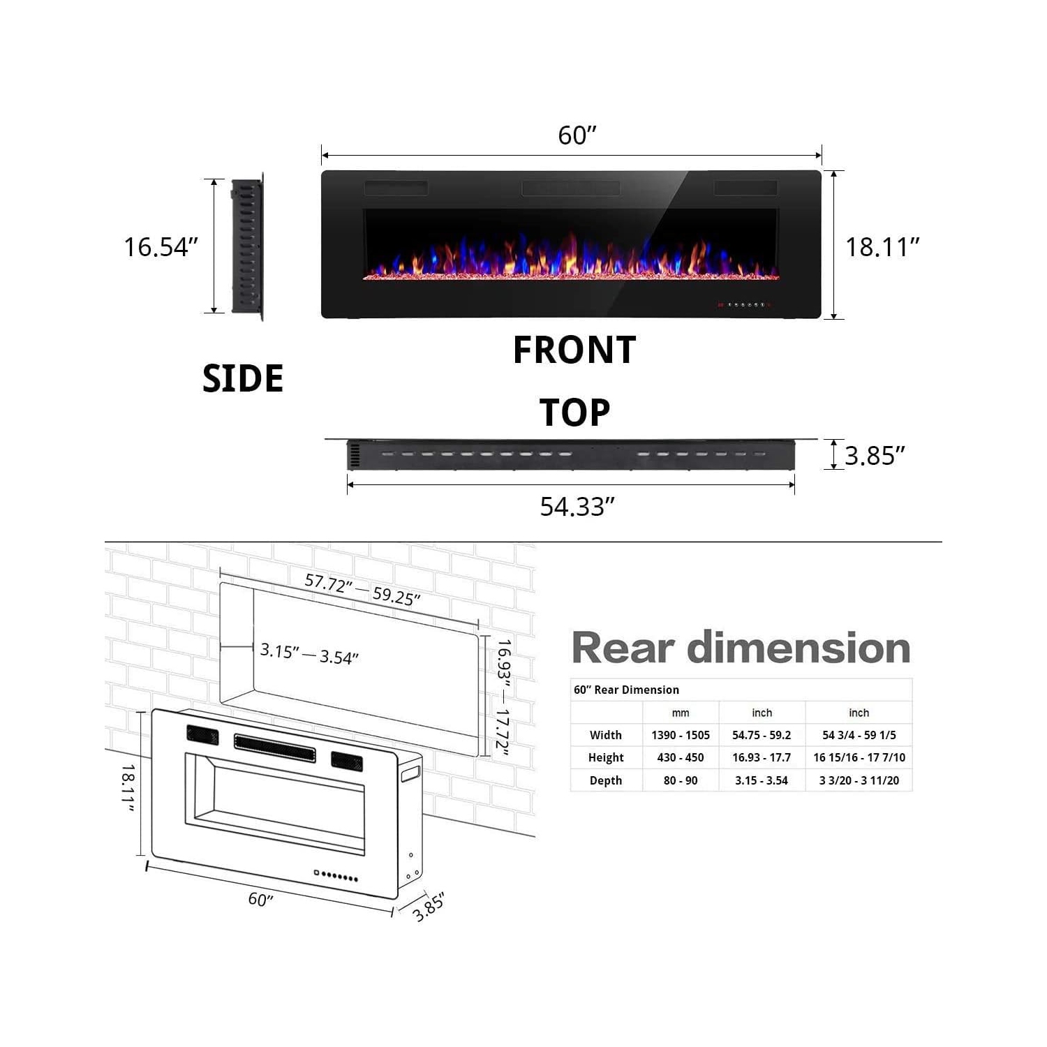 Foyer électrique ZAFRO 60 po avec télécommande, foyer électrique encastré à flamme réglable à 12 couleurs et luminosité et vitesse