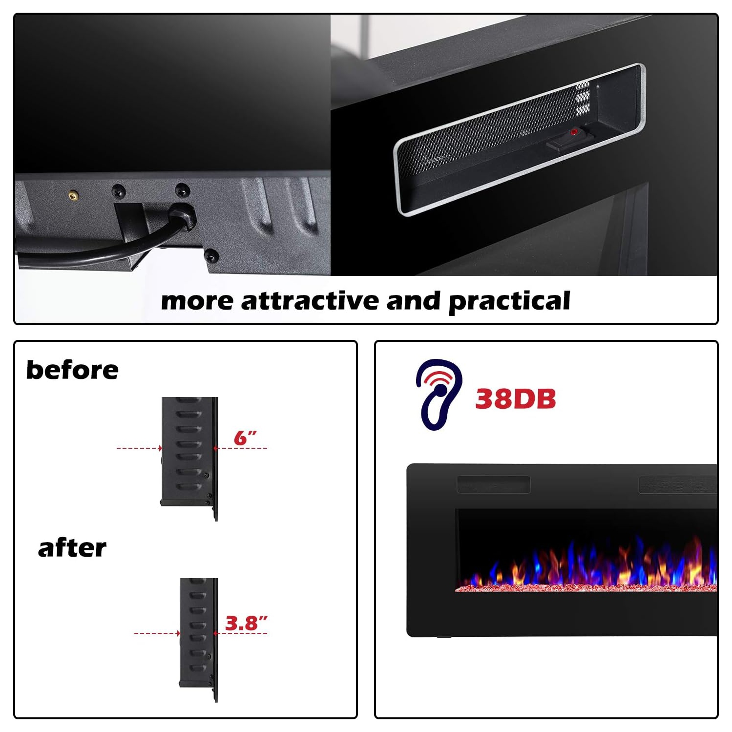 Foyer électrique ZAFRO 60 po avec télécommande, foyer électrique encastré à flamme réglable à 12 couleurs et luminosité et vitesse