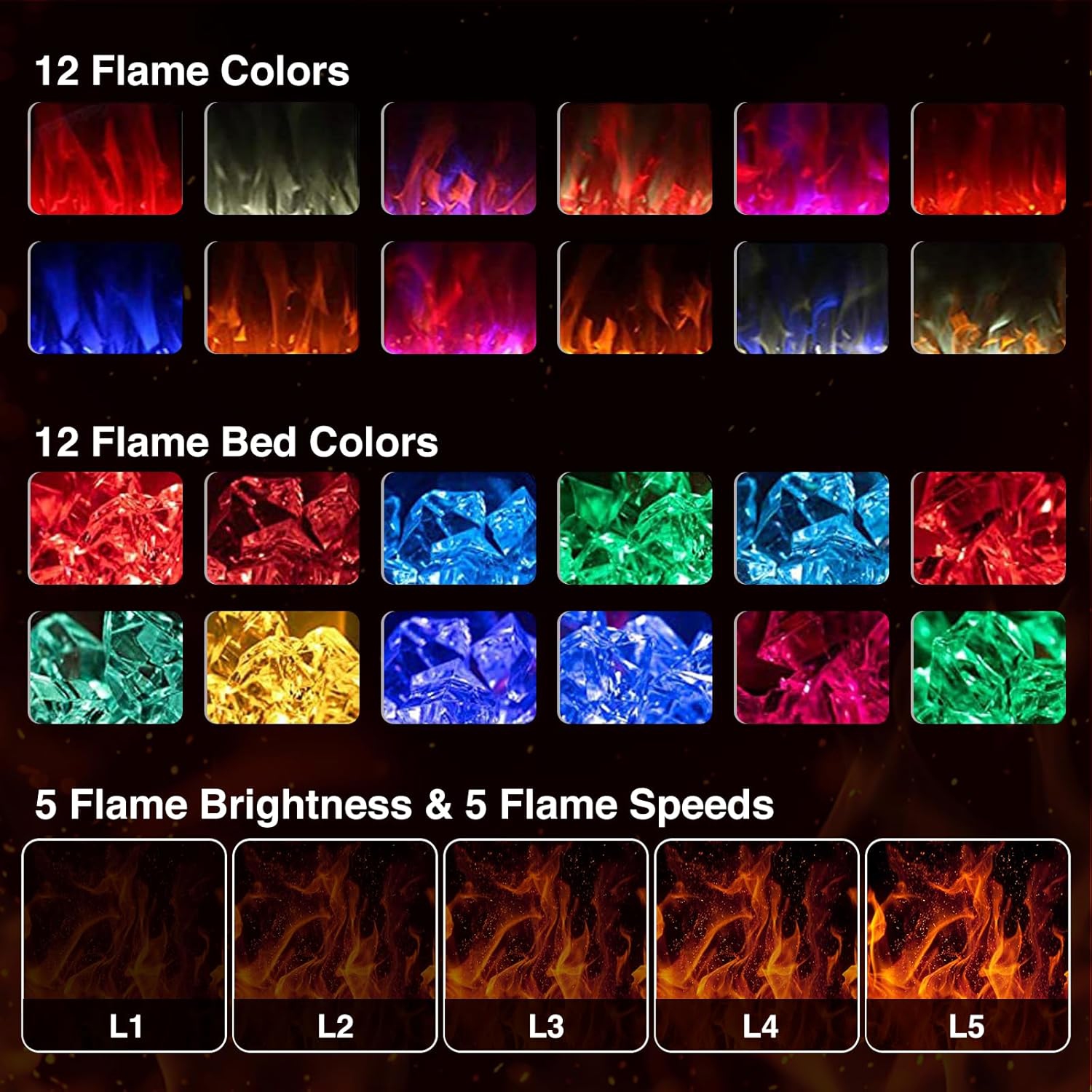 Foyer électrique ZAFRO 36 po avec télécommande, foyer électrique encastré à flamme réglable à 12 couleurs et luminosité et vitesse