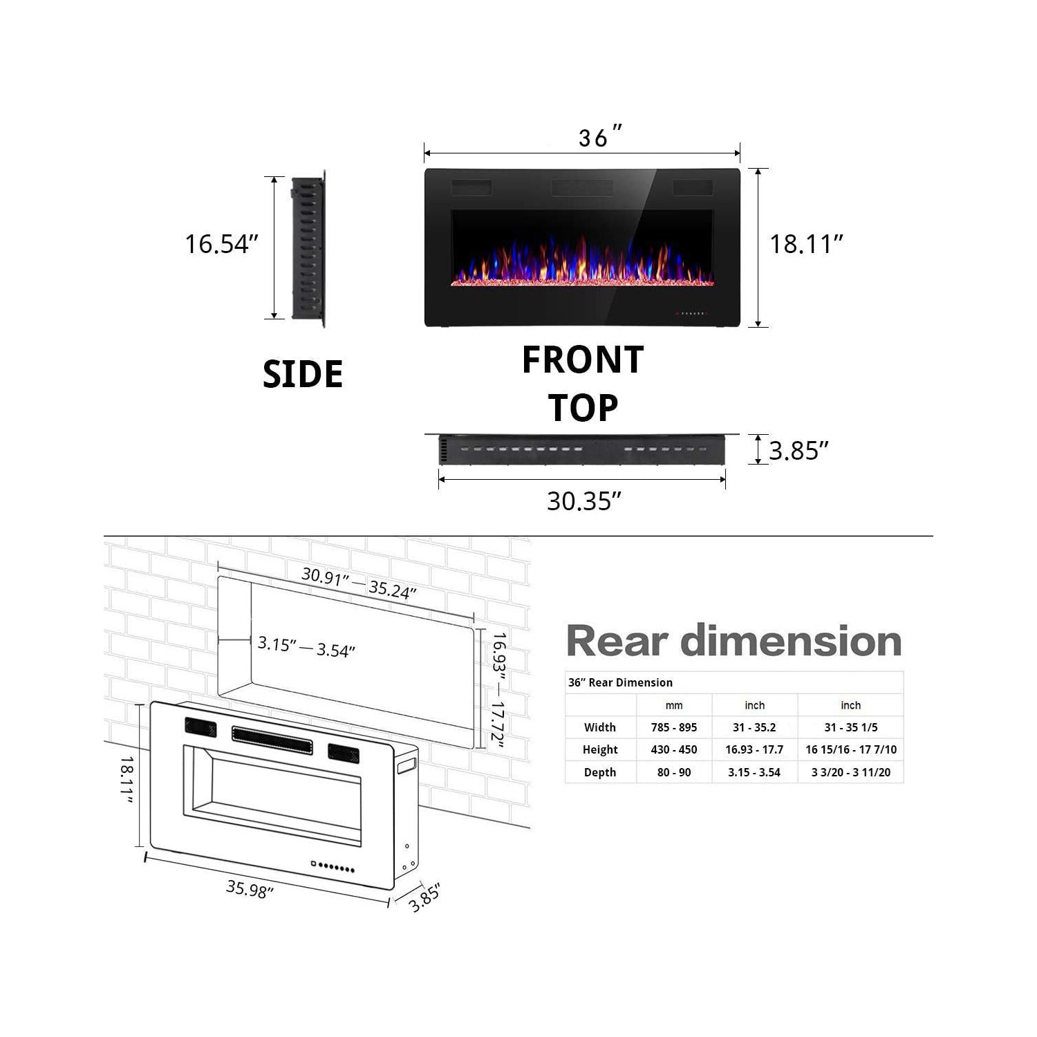 Foyer électrique ZAFRO 36 po avec télécommande, foyer électrique encastré à flamme réglable à 12 couleurs et luminosité et vitesse