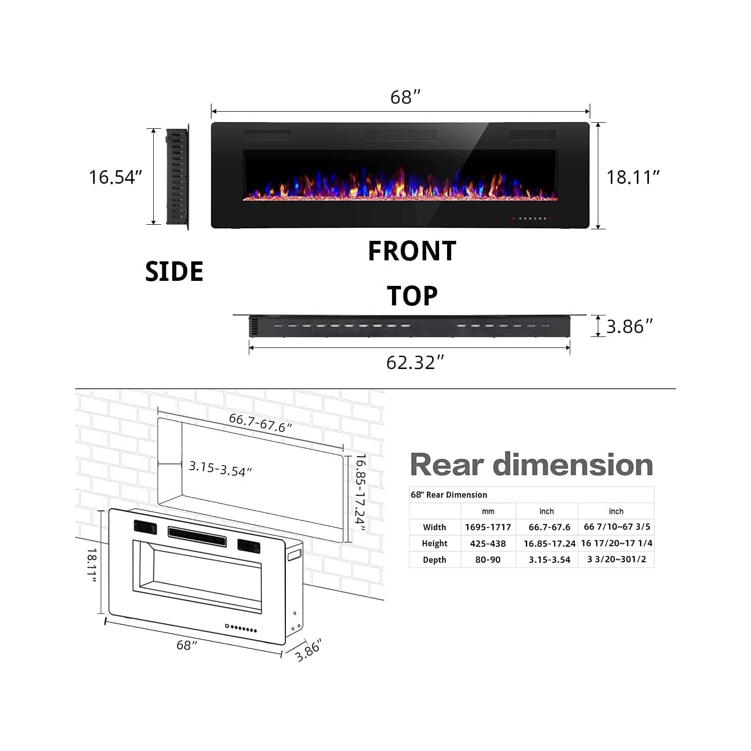 ZAFRO Electric Fireplace 68'' with remote control, Recessed Wall Mounted Electric Fireplace with Adjustable 12-Color Flame Brightness & Speed