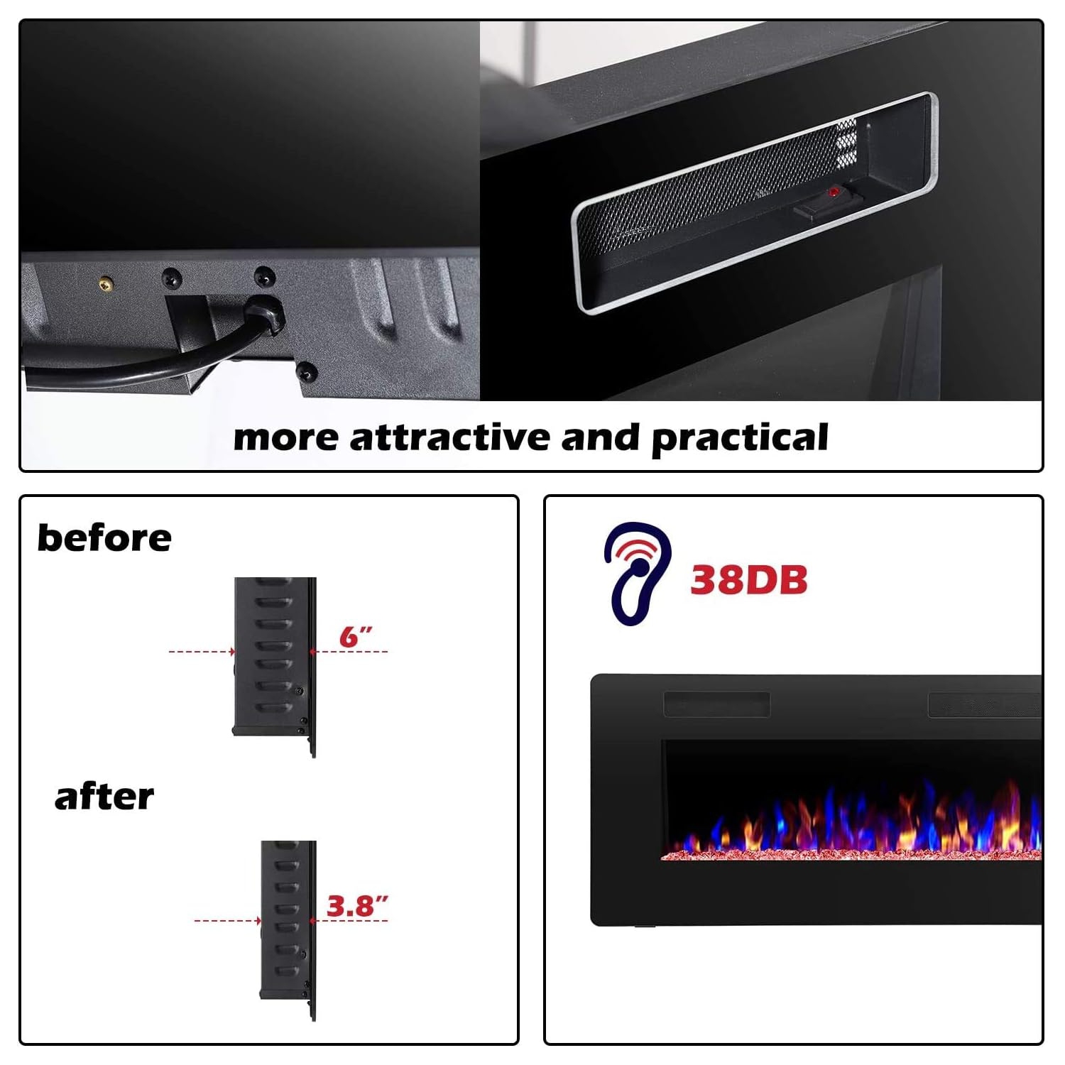 ZAFRO Electric Fireplace 68'' with remote control, Recessed Wall Mounted Electric Fireplace with Adjustable 12-Color Flame Brightness & Speed