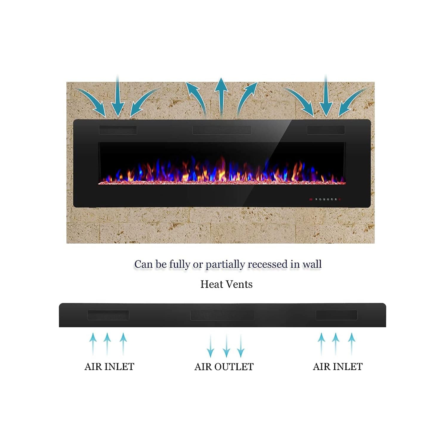 ZAFRO Electric Fireplace 68'' with remote control, Recessed Wall Mounted Electric Fireplace with Adjustable 12-Color Flame Brightness & Speed