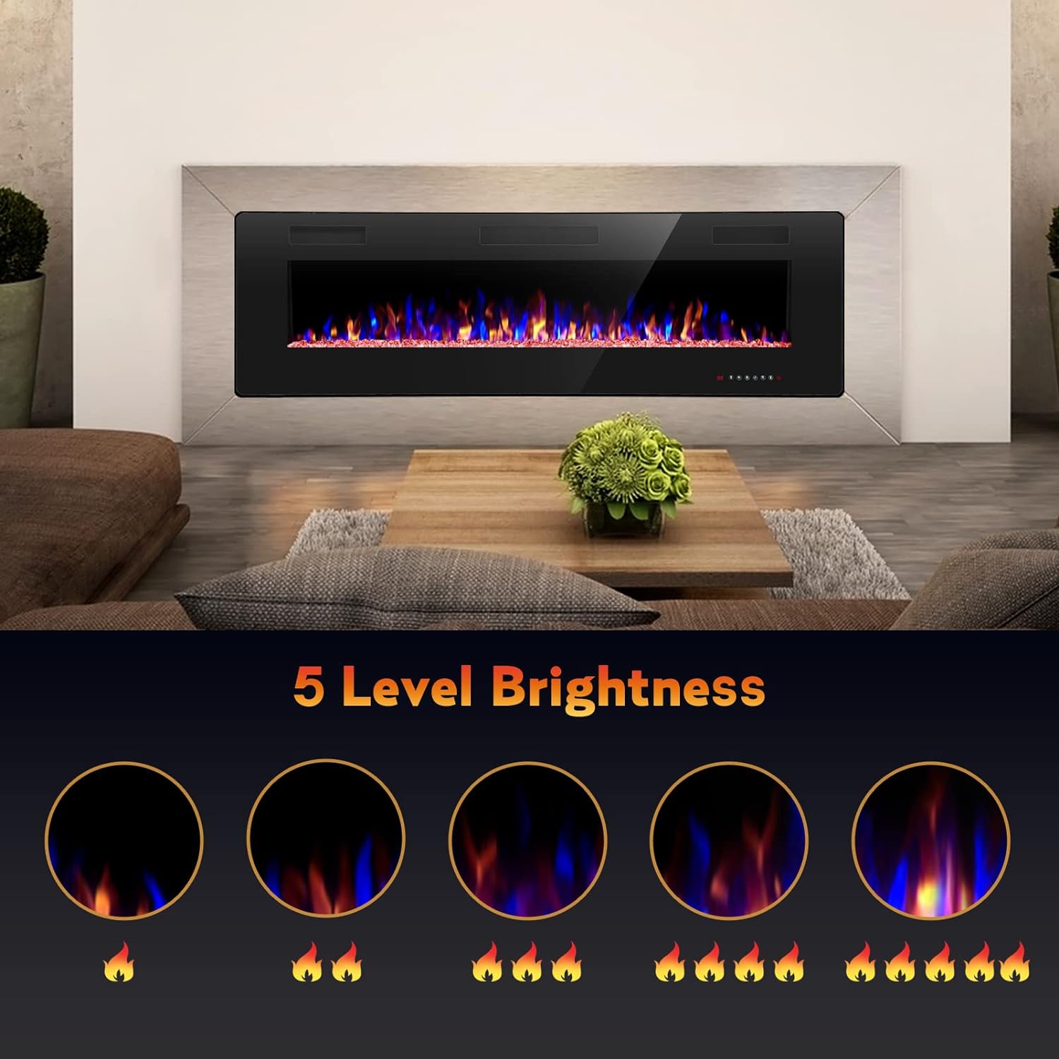ZAFRO Electric Fireplace 68'' with remote control, Recessed Wall Mounted Electric Fireplace with Adjustable 12-Color Flame Brightness & Speed