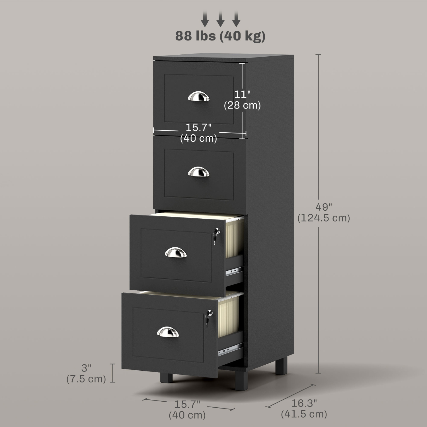 HOMCOM Vertical Filing Cabinet with 4 Drawers, Lockable File Cabinet with Adjustable Hanging Bars for A4 and Letter for Home Office, Black