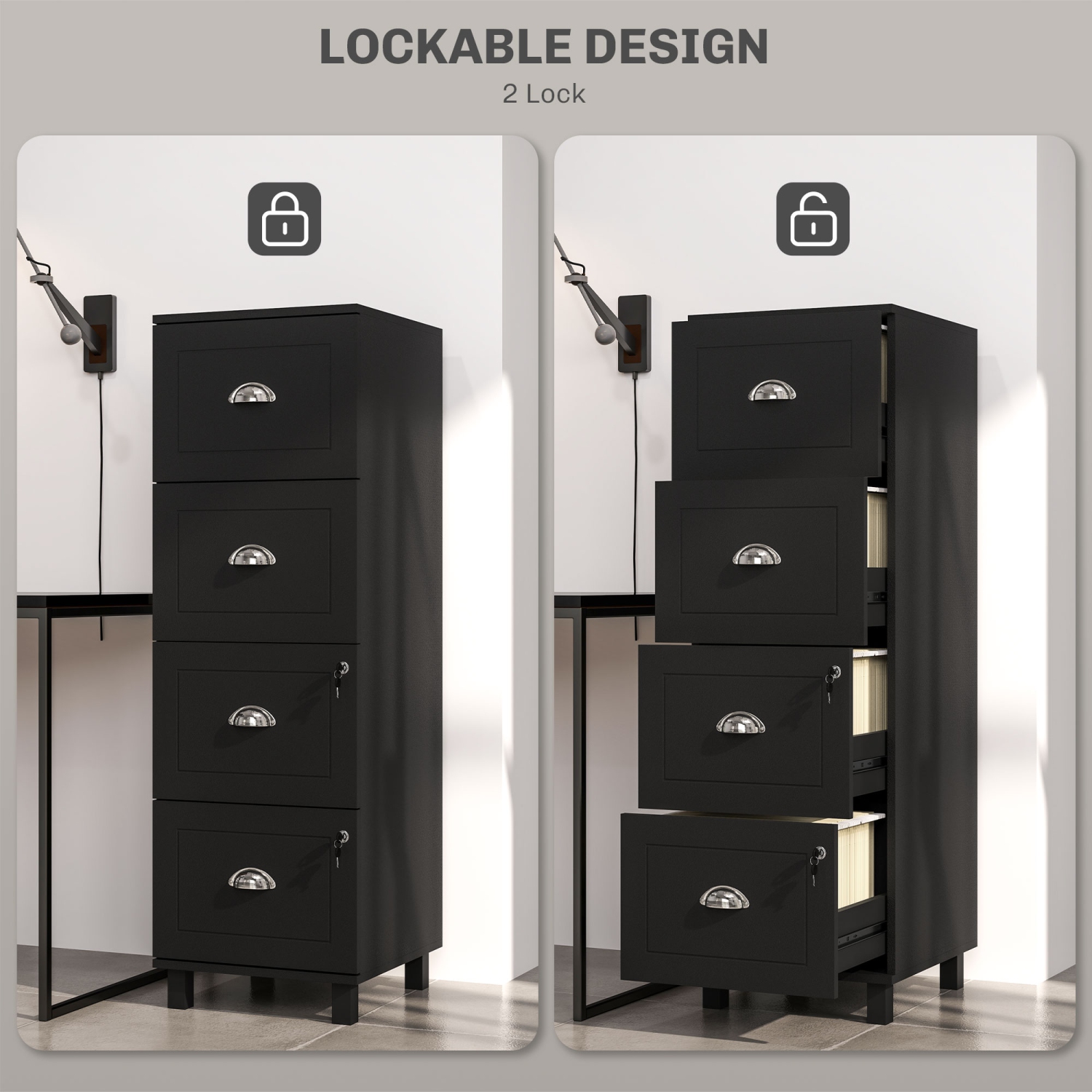 HOMCOM Vertical Filing Cabinet with 4 Drawers, Lockable File Cabinet with Adjustable Hanging Bars for A4 and Letter for Home Office, Black