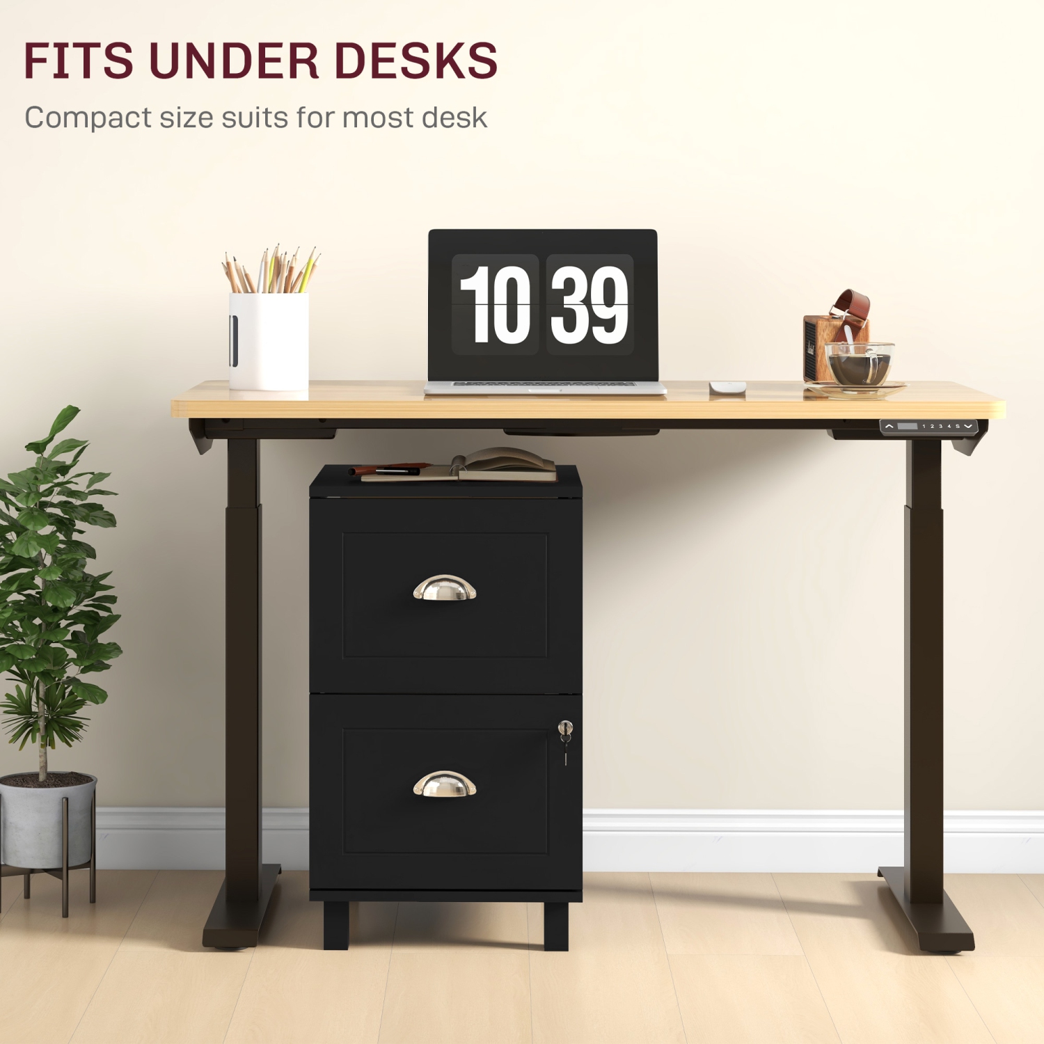 HOMCOM Vertical Filing Cabinet with 2 Drawers, Lockable File Cabinet with Adjustable Hanging Bars for A4 and Letter for Home Office, Black