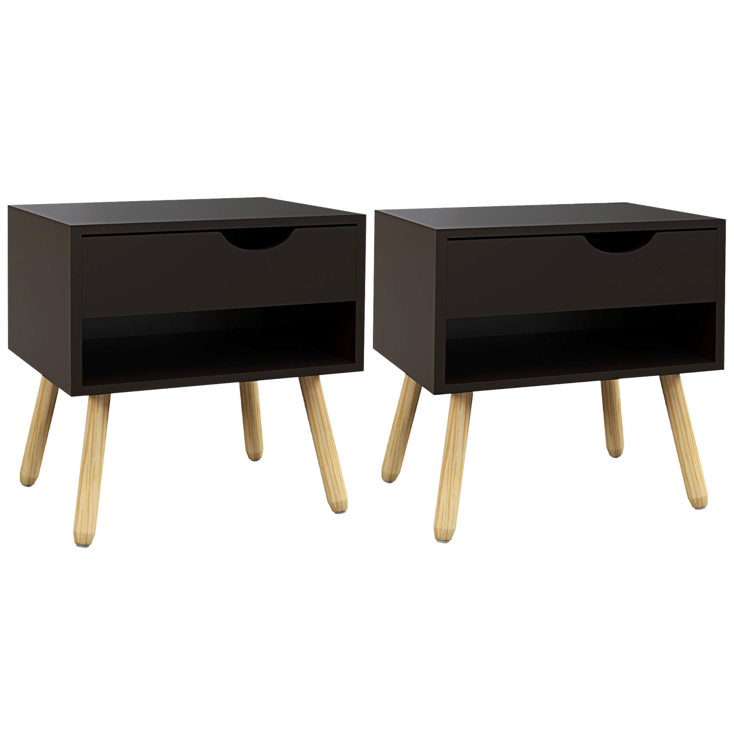 HOMCOM Set of 2 Bedside Table with Drawer and Shelf, Modern Nightstand with Wooden Legs, End Table for Bedroom, Black