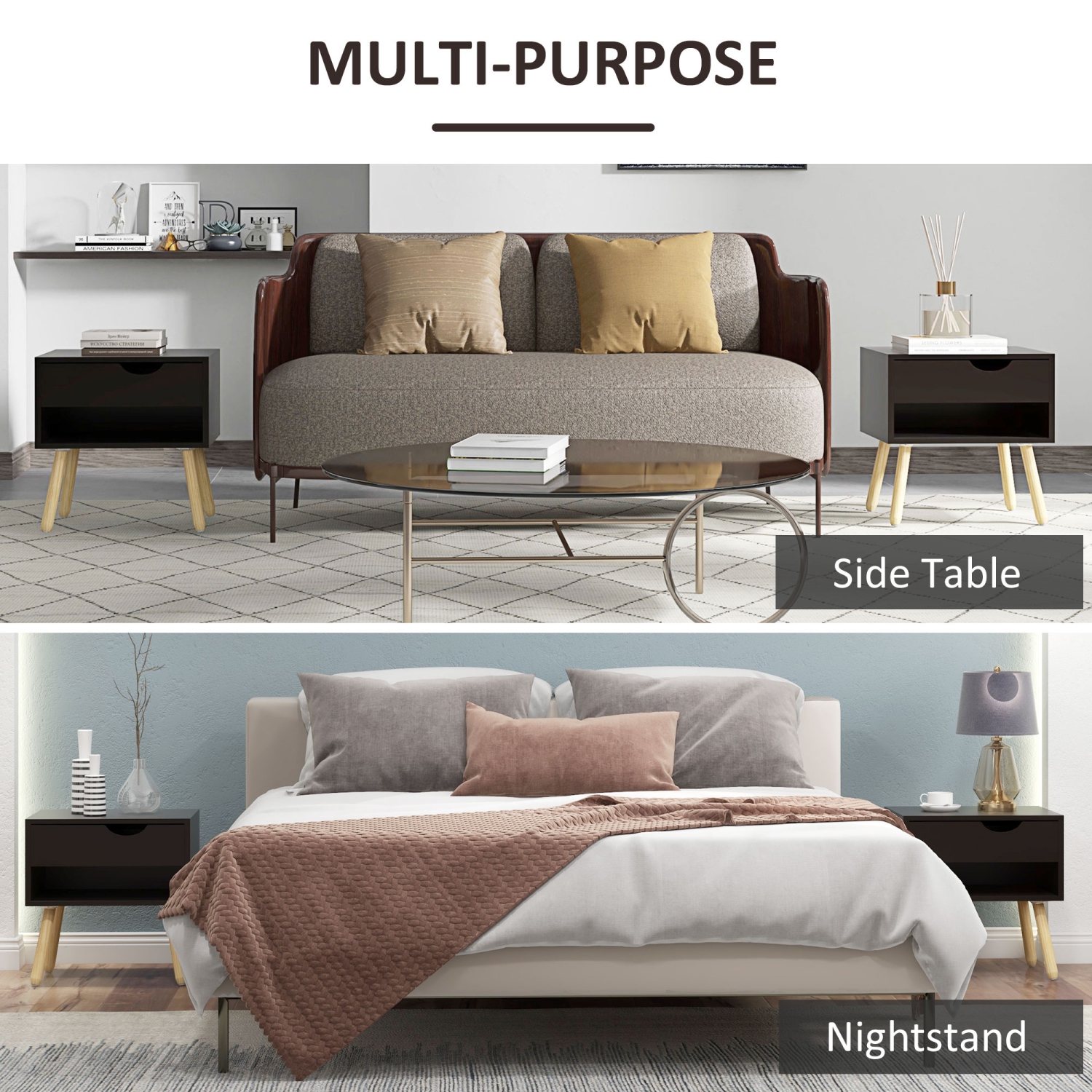 HOMCOM Set of 2 Bedside Table with Drawer and Shelf, Modern Nightstand with Wooden Legs, End Table for Bedroom, Black