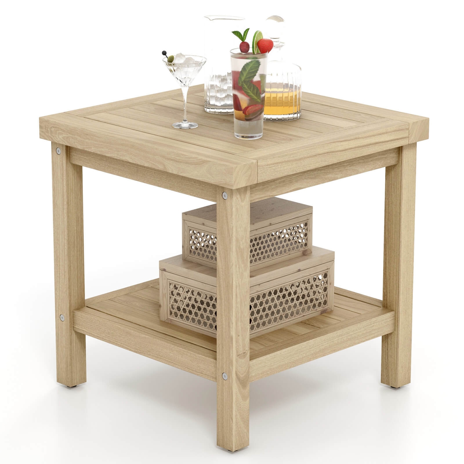 Costway 1 PCS 2-Tier Outdoor Side Table, Teak Wood End Table with Storage Shelf Natural