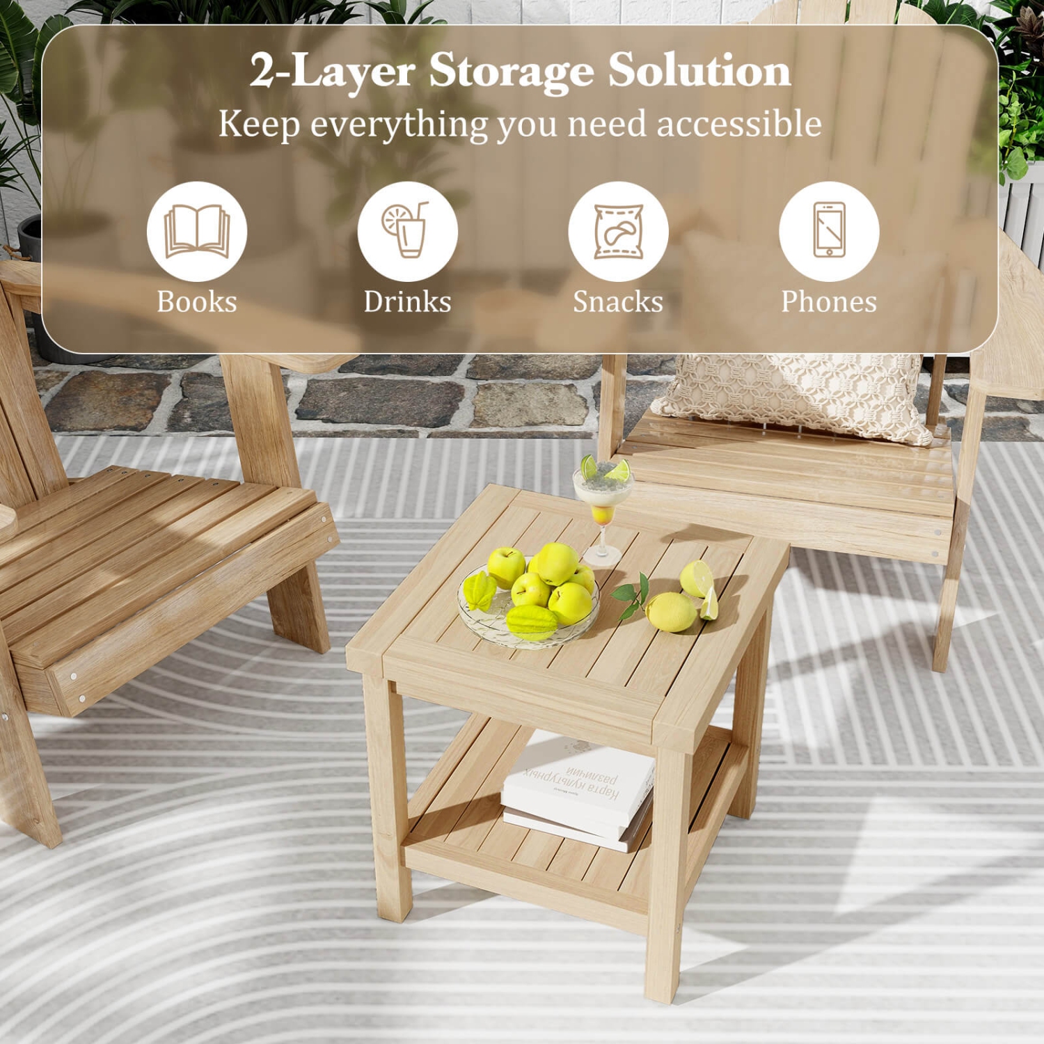 Costway 1 PCS 2-Tier Outdoor Side Table, Teak Wood End Table with Storage Shelf Natural