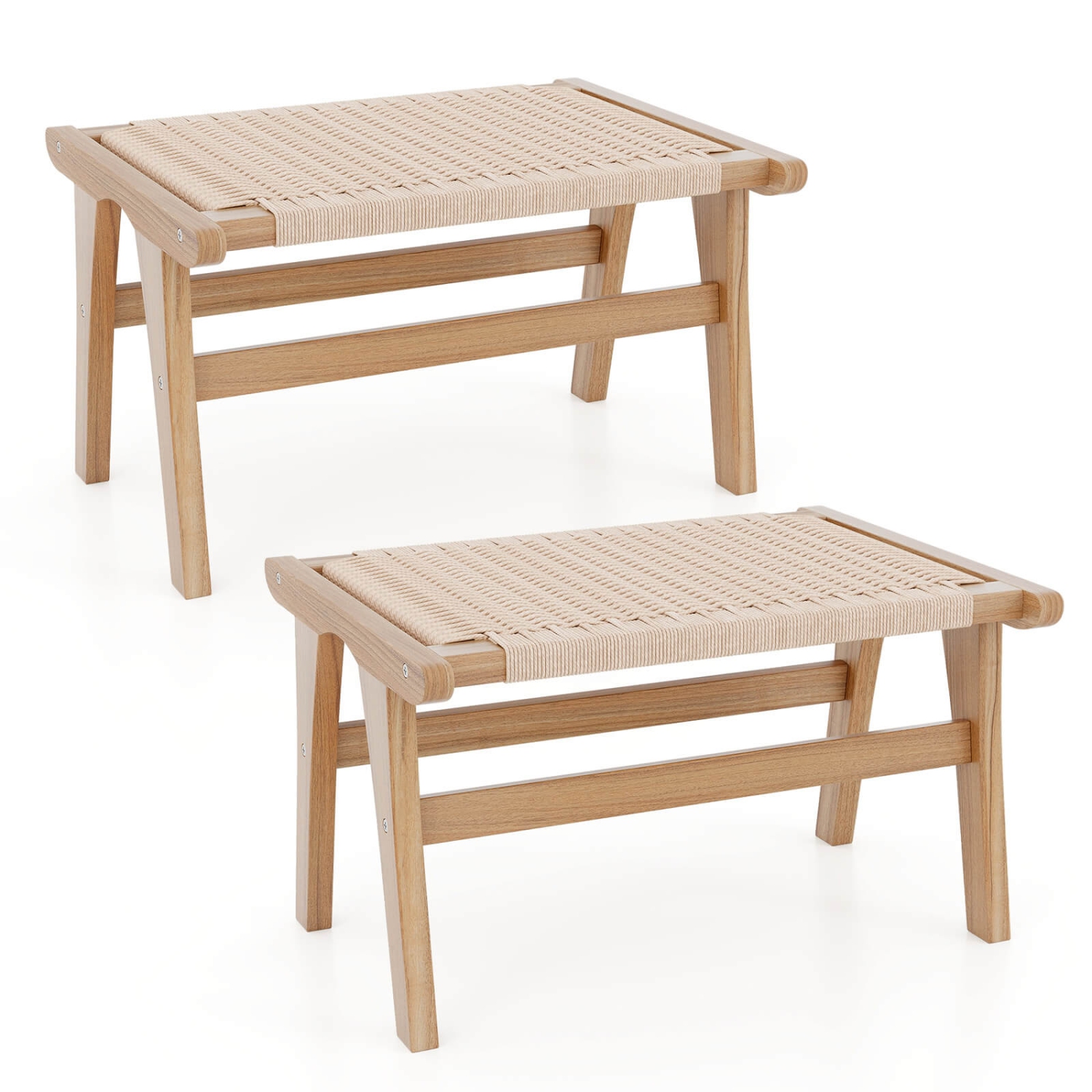 Costway 2 PCS Teak Wood Ottoman Footstool with Braided Rope for Living Room Bedroom Office