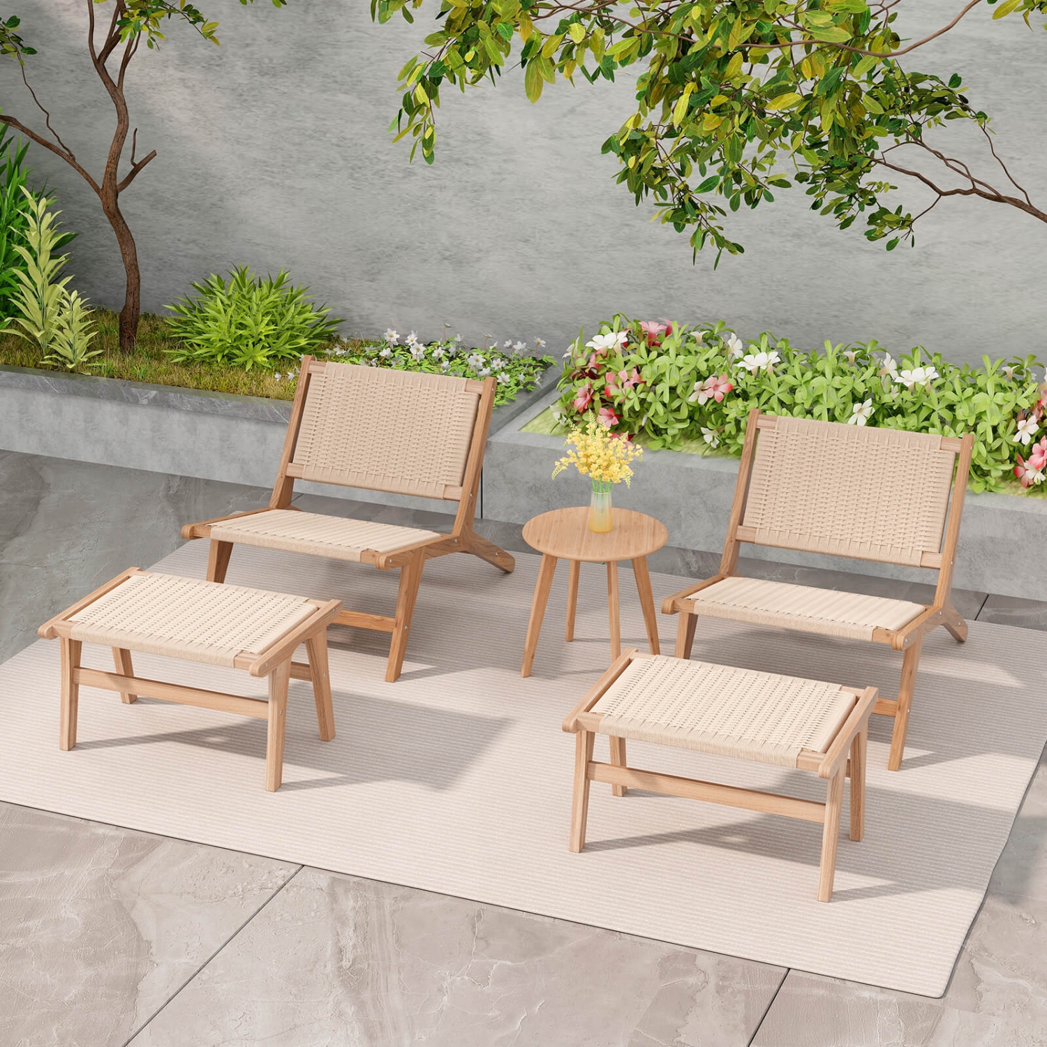 Costway 2 PCS Teak Wood Ottoman Footstool with Braided Rope for Living Room Bedroom Office