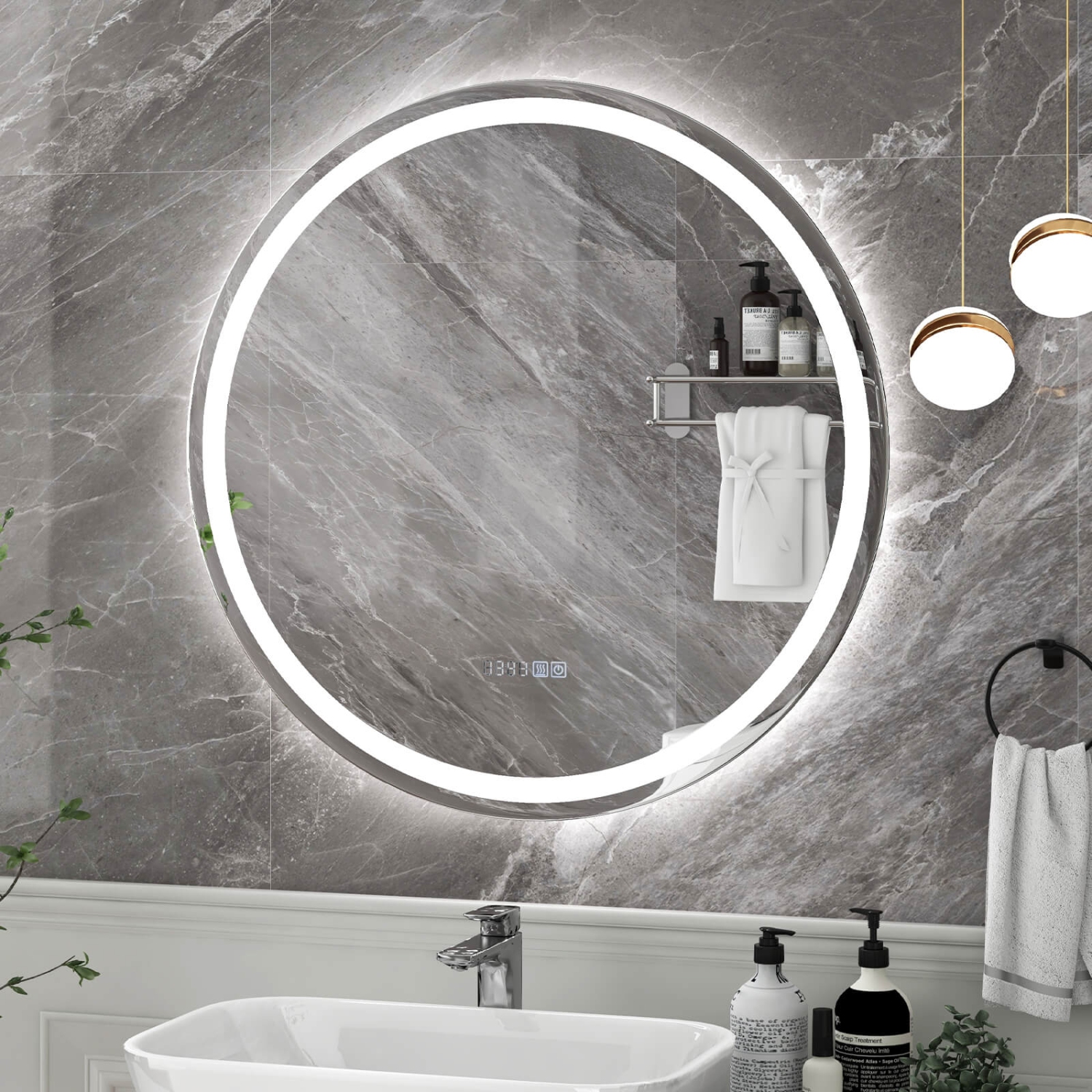 Costway 32"x32" LED Bathroom Mirror with 3-Color Dimmable Lights Time/Temp Display