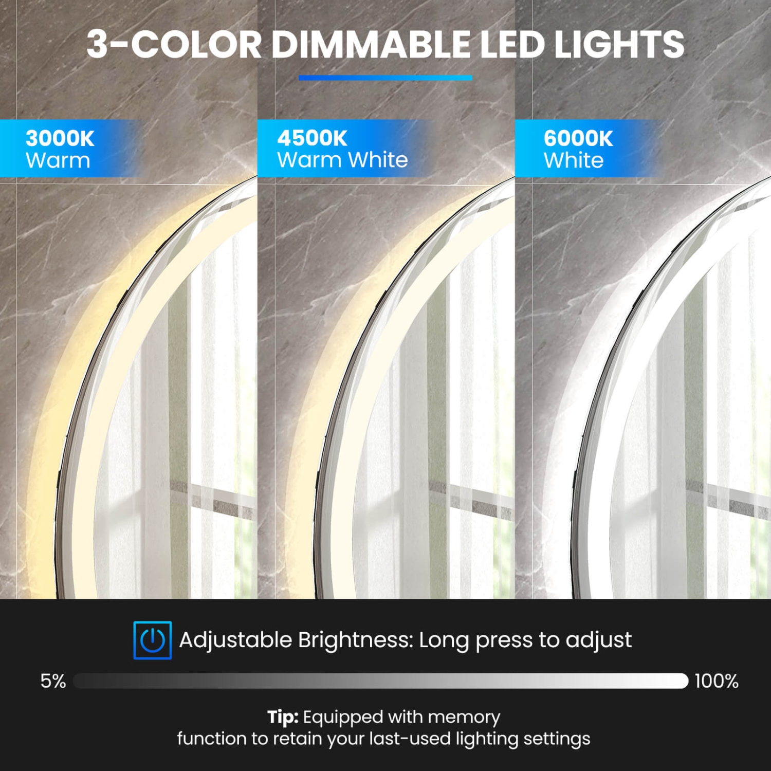 Costway 32"x32" LED Bathroom Mirror with 3-Color Dimmable Lights Time/Temp Display