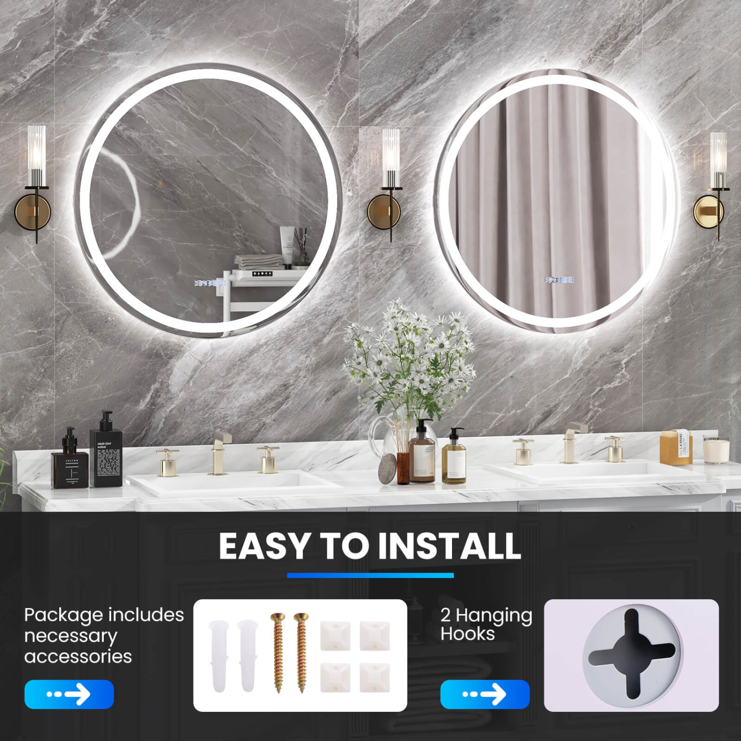Costway 32"x32" LED Bathroom Mirror with 3-Color Dimmable Lights Time/Temp Display