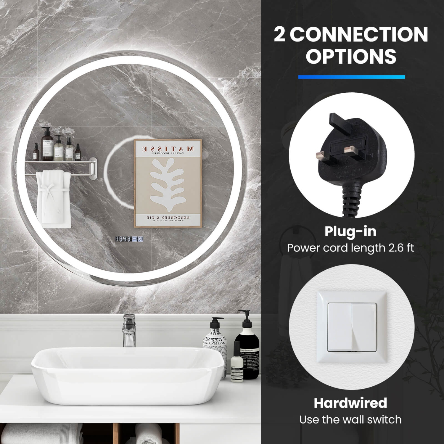 Costway 32"x32" LED Bathroom Mirror with 3-Color Dimmable Lights Time/Temp Display