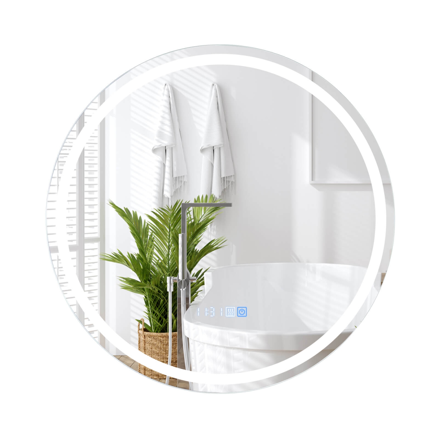 Miroir de salle de bain à DEL de 24 x x24 po avec affichage de la durée et de la température de l'éclairage à 3 couleurs à intensité réglable de