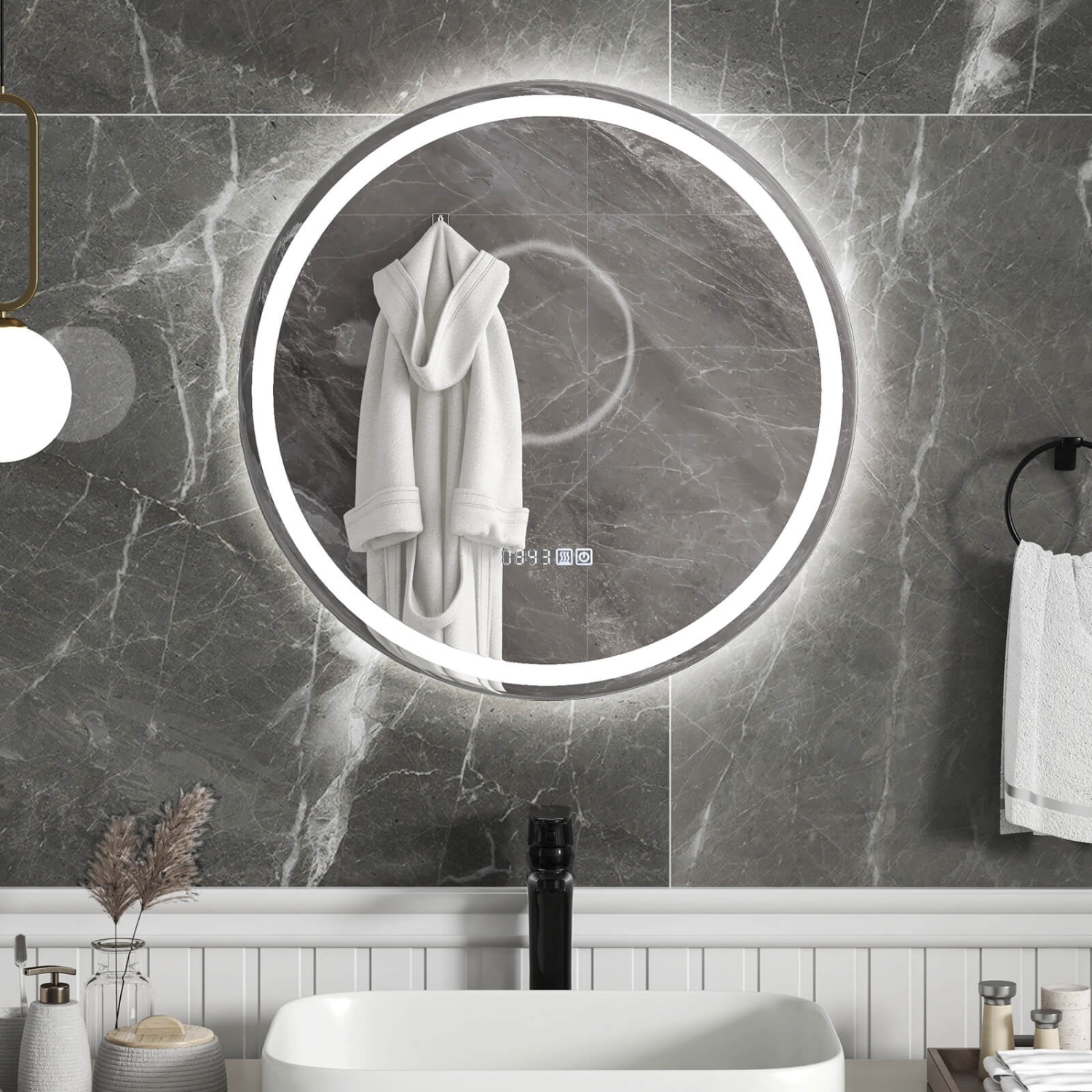 Miroir de salle de bain à DEL de 24 x x24 po avec affichage de la durée et de la température de l'éclairage à 3 couleurs à intensité réglable de